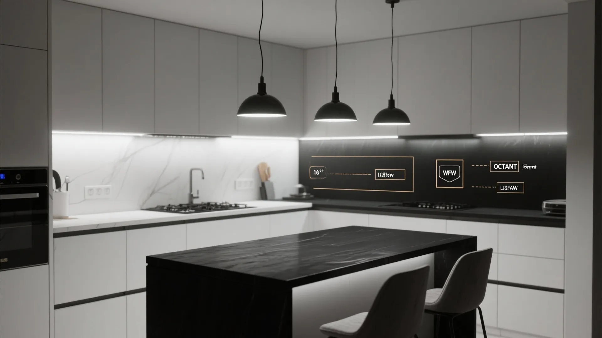 Kitchen vignette showing layered lighting solutions around a black island and white cabinets