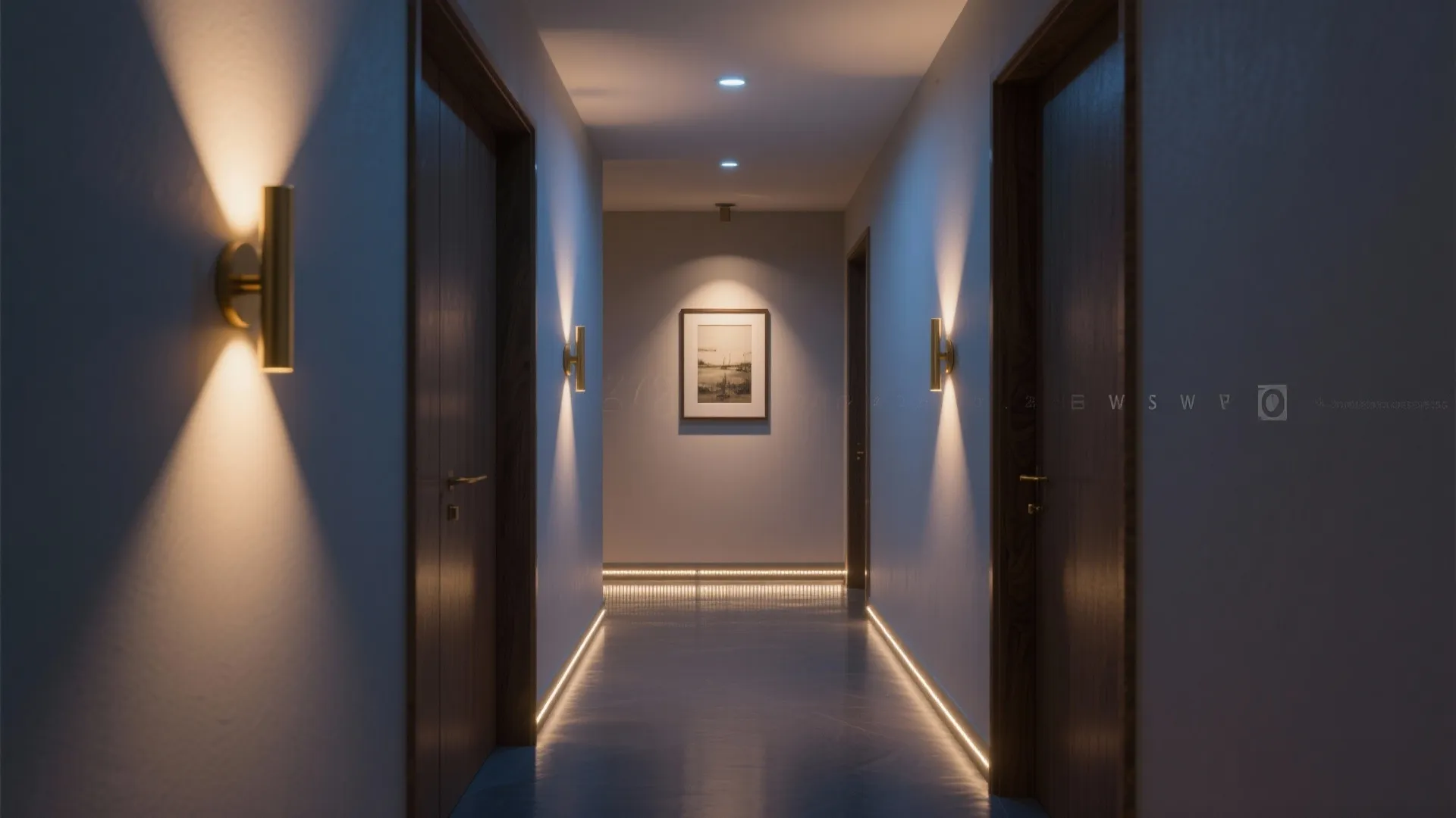 Dimly lit hallway featuring gold wall lights wooden doors framed art and warm floor strip lighting
