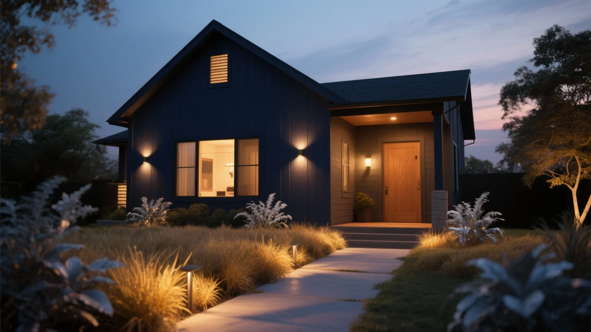 Modern blue house exterior at night with warm wall lights, wooden door, and garden path