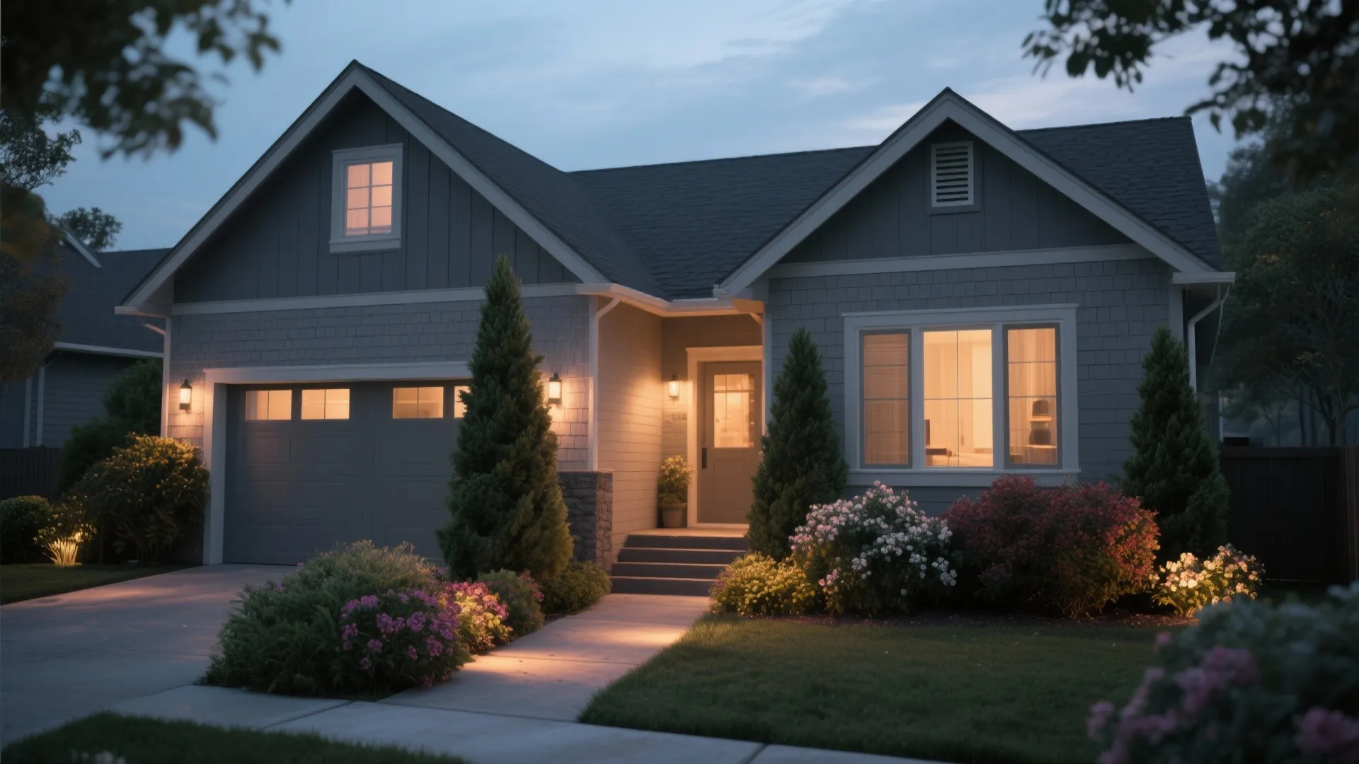 House at night with glowing windows wall light fixtures green trees and colorful garden bushes
