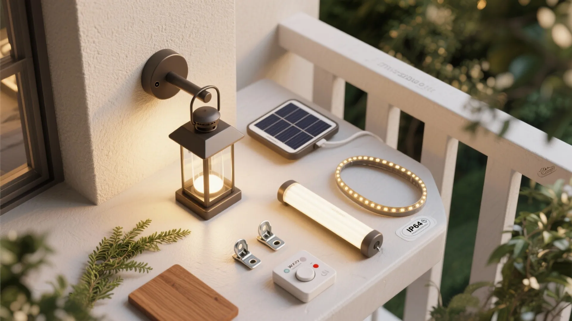 Outdoor lighting set including solar panel wall light LED strip light and small remote control