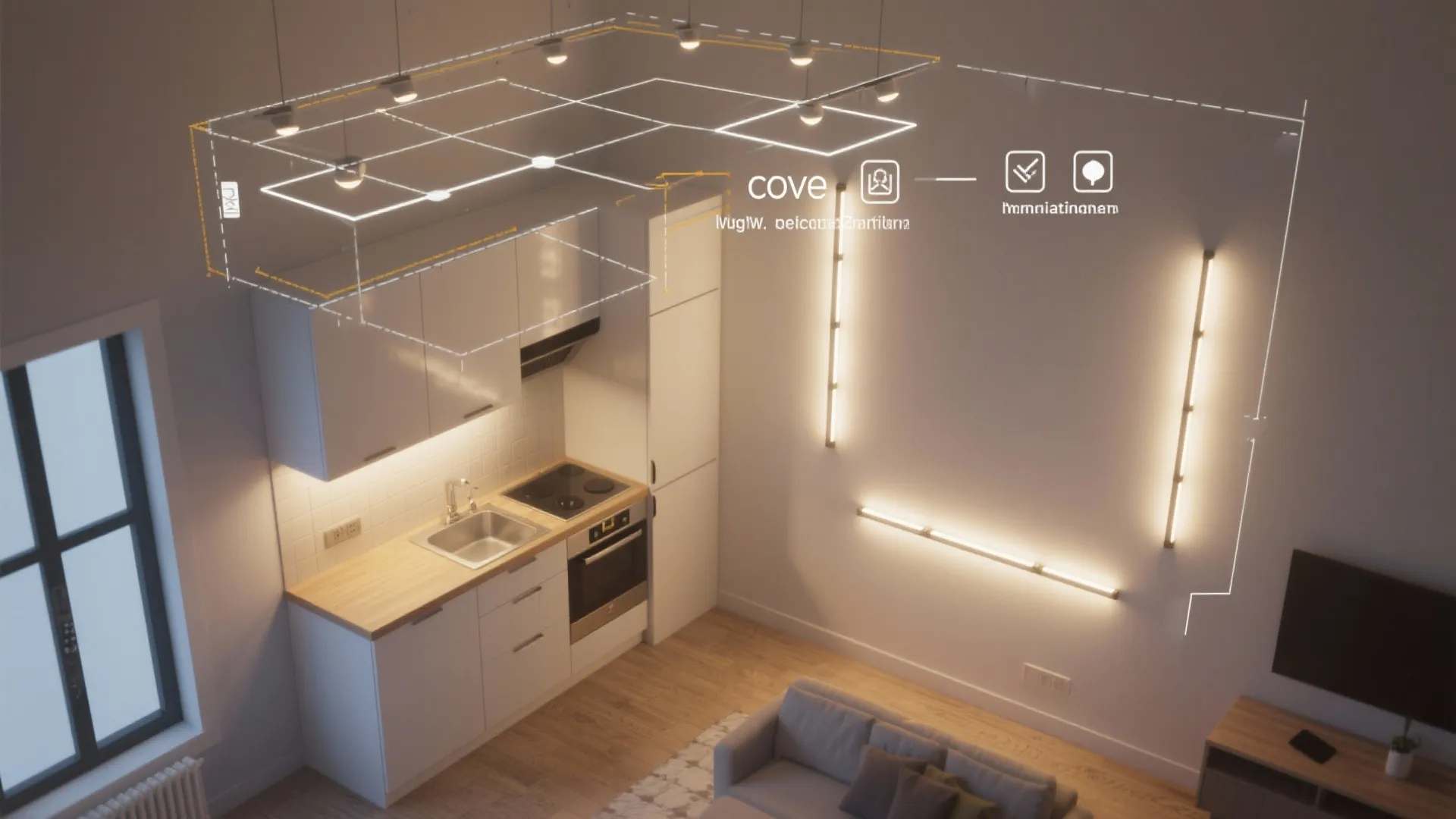 Small apartment interior design drawing showing kitchen and living room with many different light fixture types