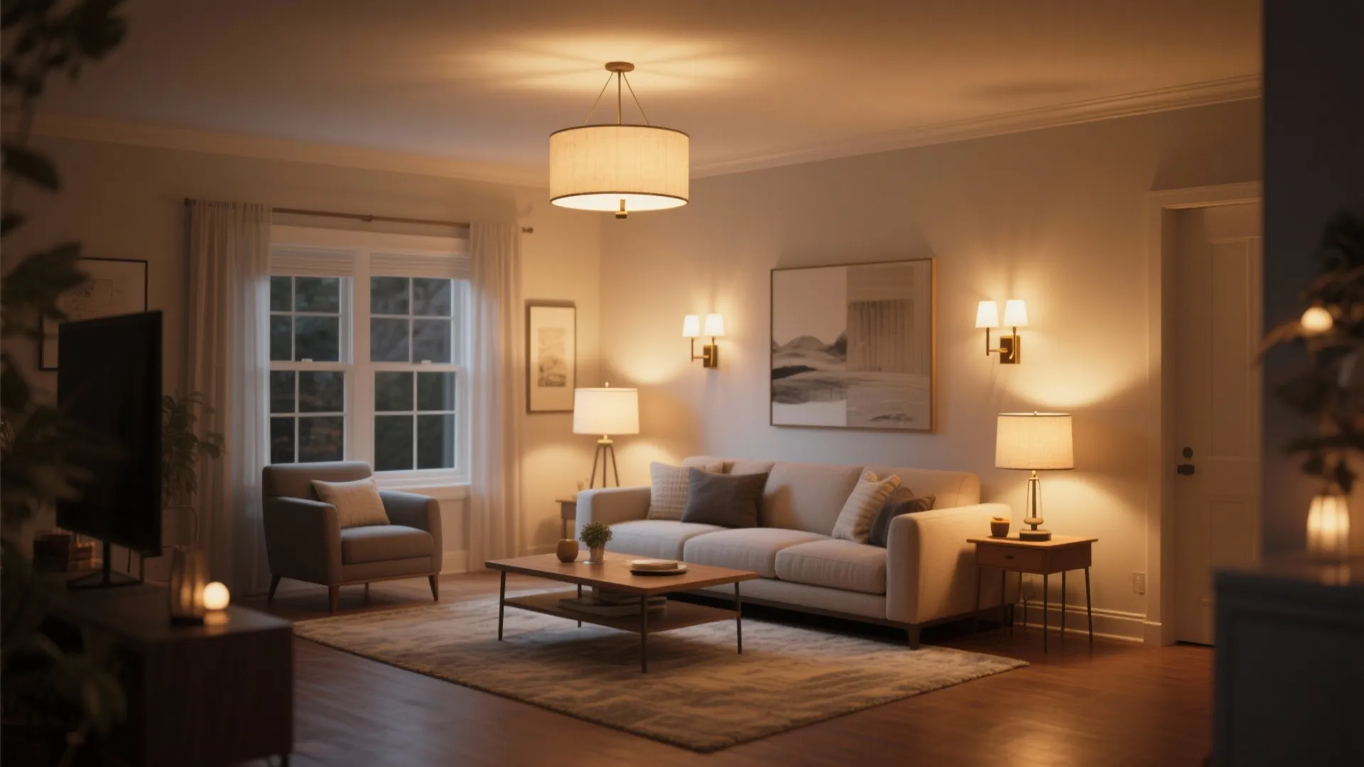 Warm living room with ceiling light wall lights and table lamps creating a cozy atmosphere