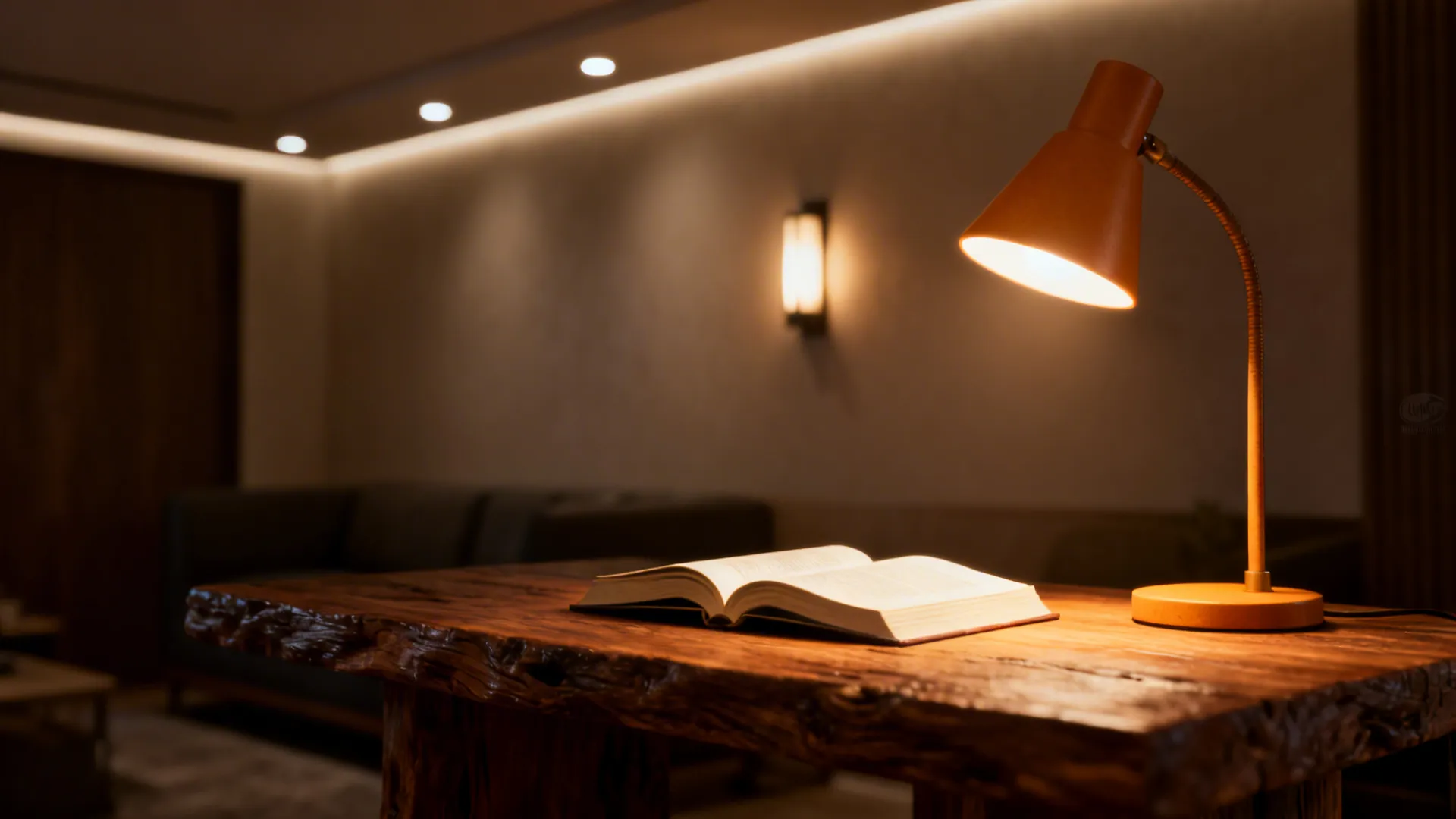 Close-up of layered lighting in a den: warm task lamp on a wooden side table with book and soft background ambient light.