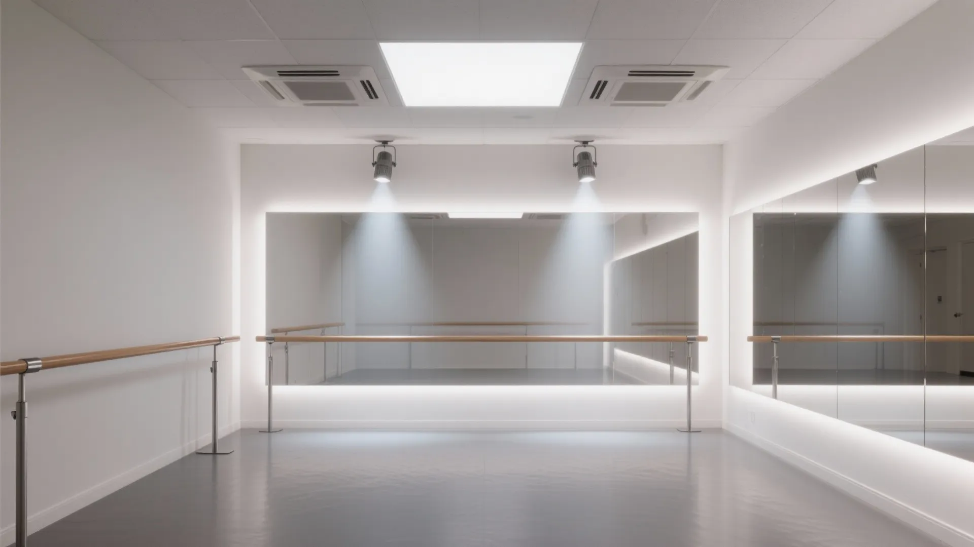 Layered lighting with wall washers, diffuse ambient panel, and accent spots in a dance room.