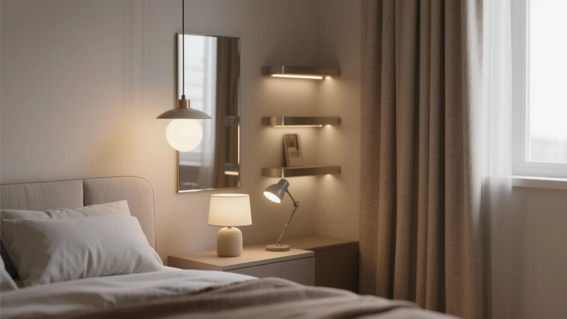 Cozy bedroom with bedside table lamp and ceiling light over the bed with warm lighting