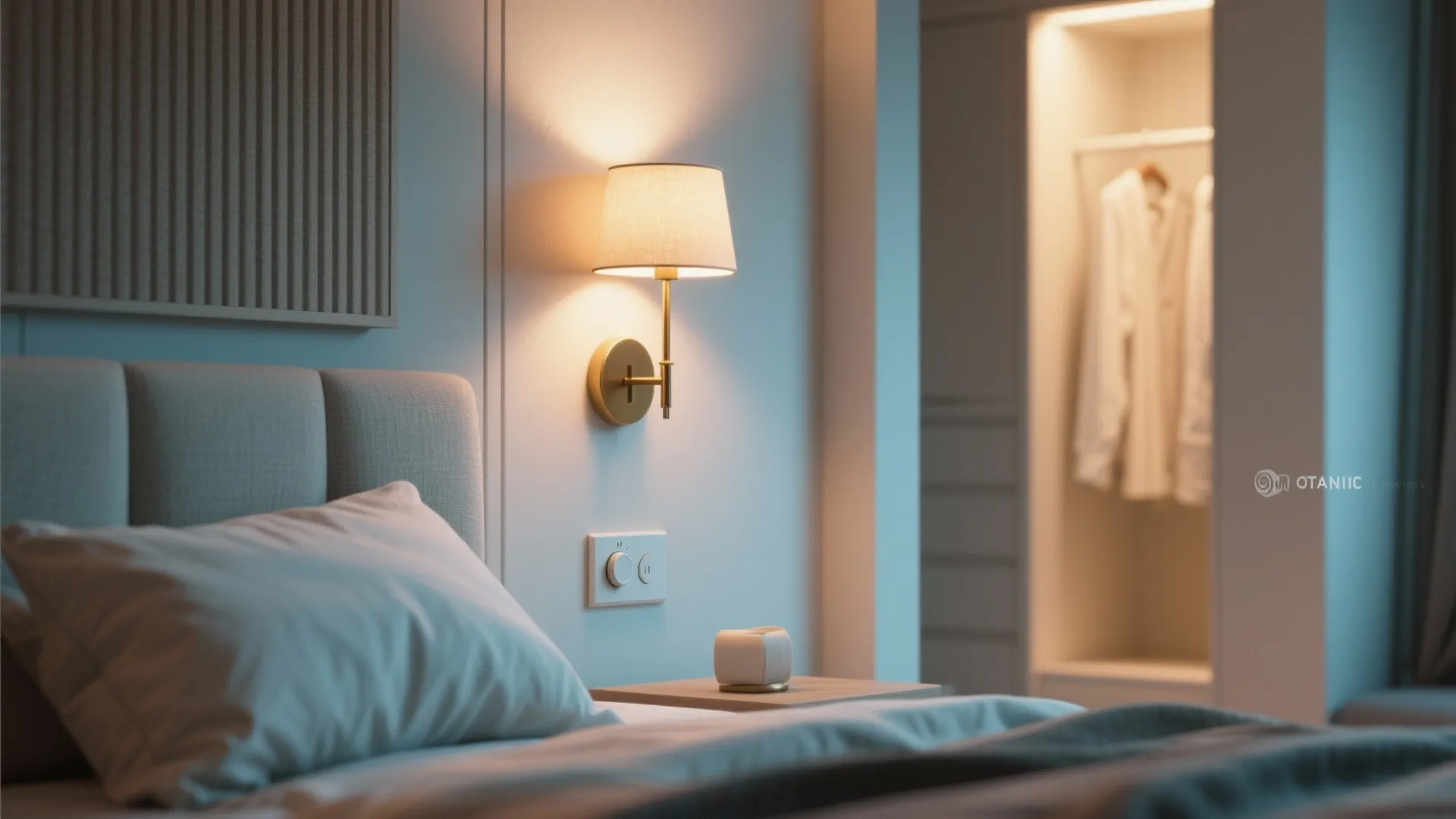 Cozy bedroom detail showing a warm wall light above a small table next to the bed