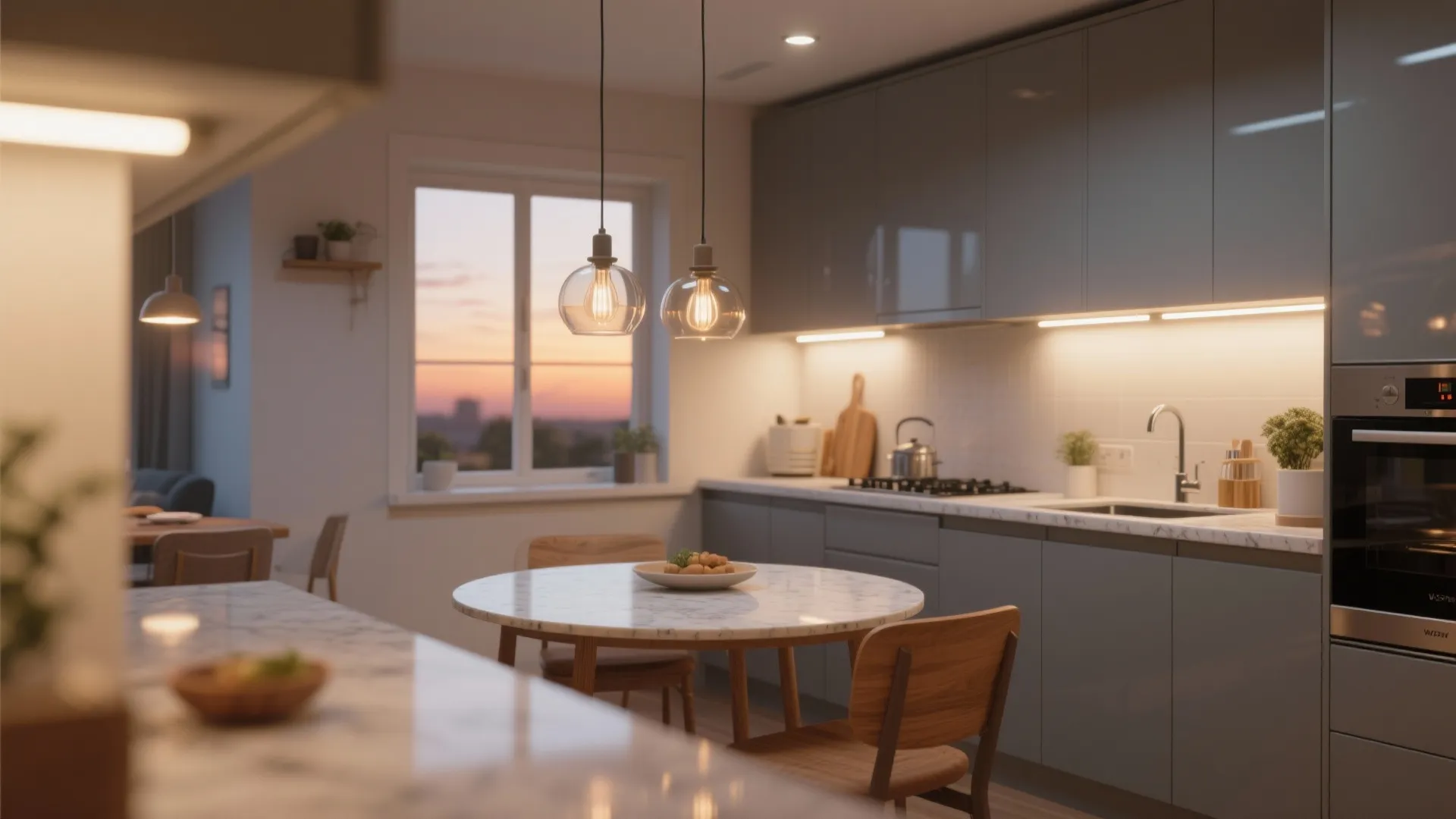 Layered lighting that shifts from cooking to dining