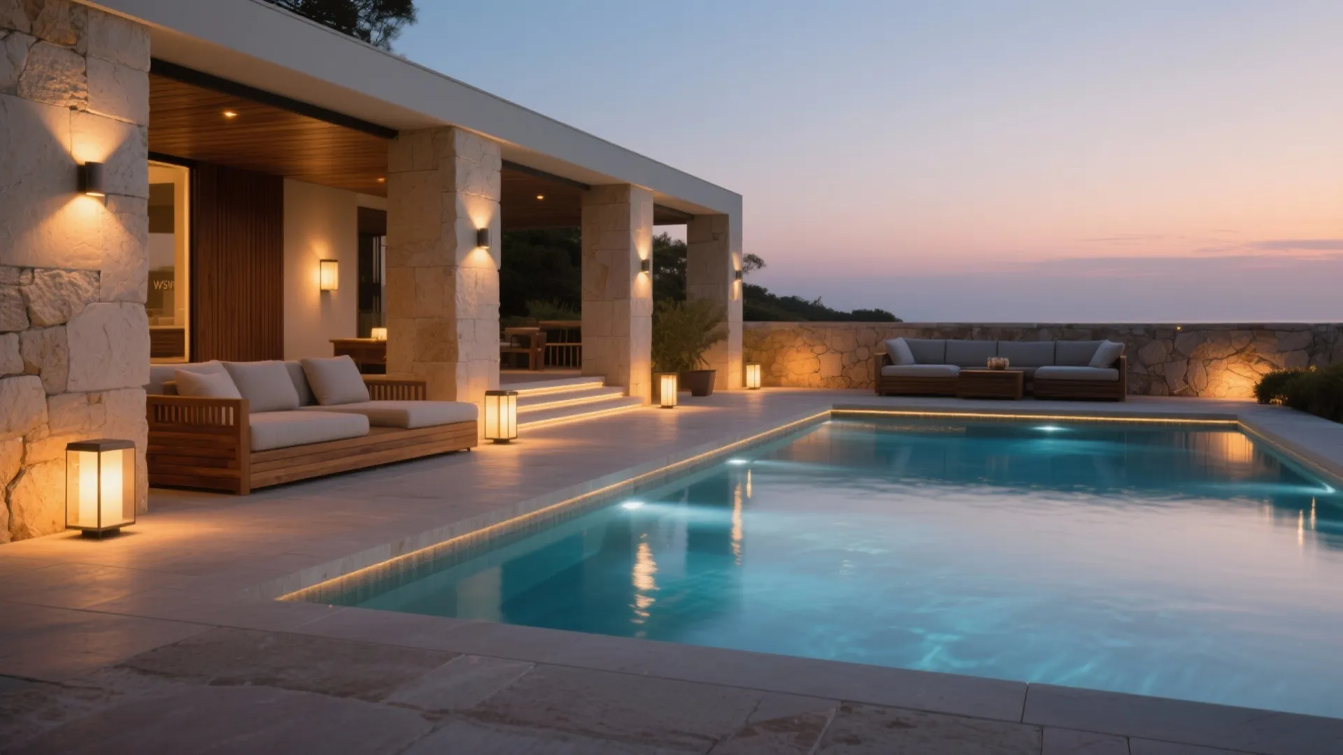 Layered poolside lighting and reflection control