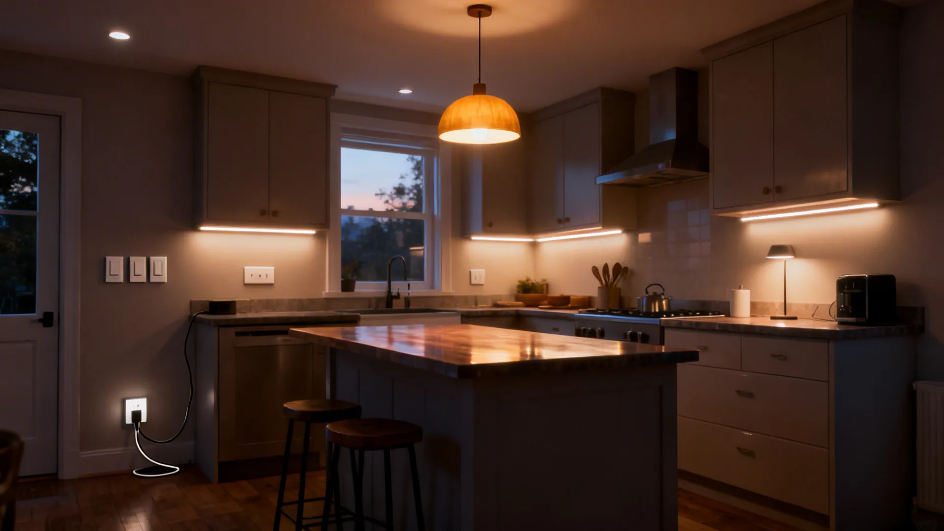 Small kitchen illuminated by layered lighting: pendant, under-cabinet LEDs, and ambient light