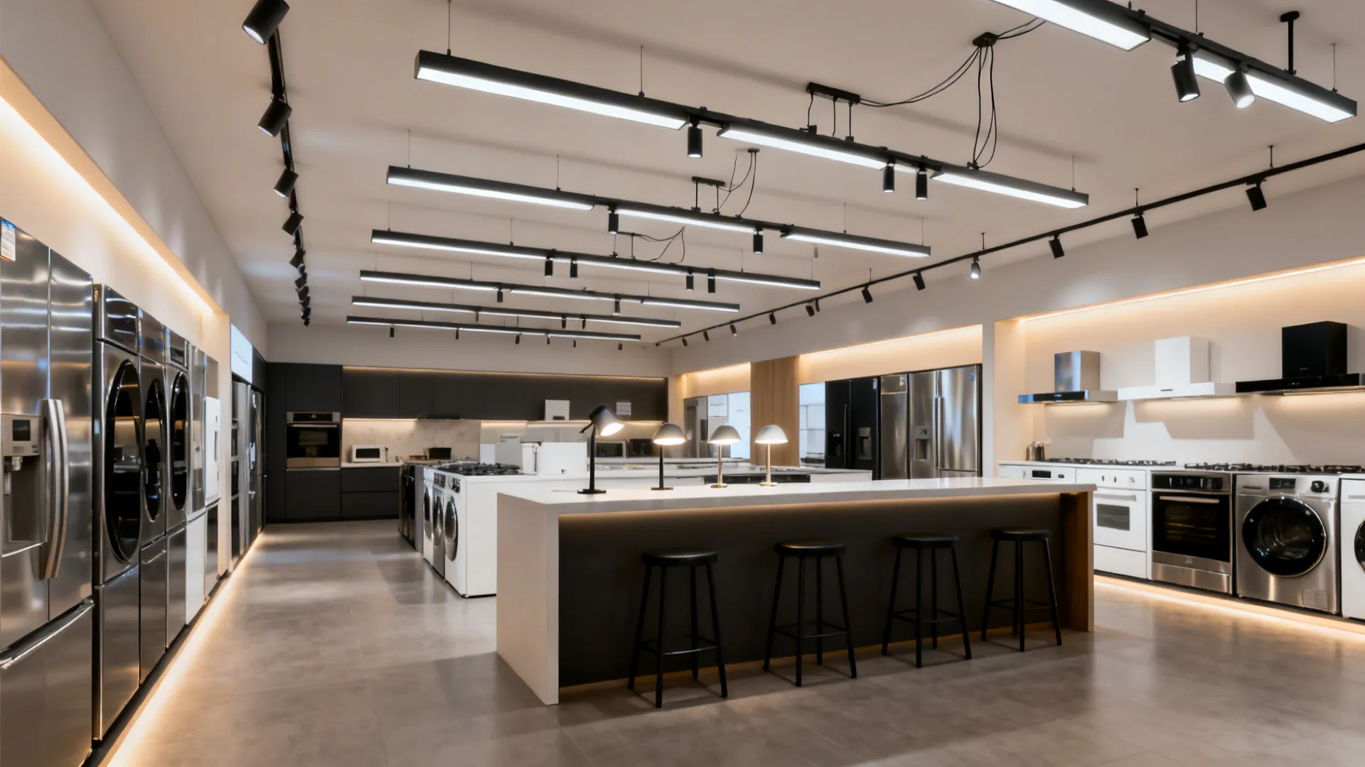 Modern kitchen showroom with white island black stools stainless steel refrigerators and bright ceiling lights