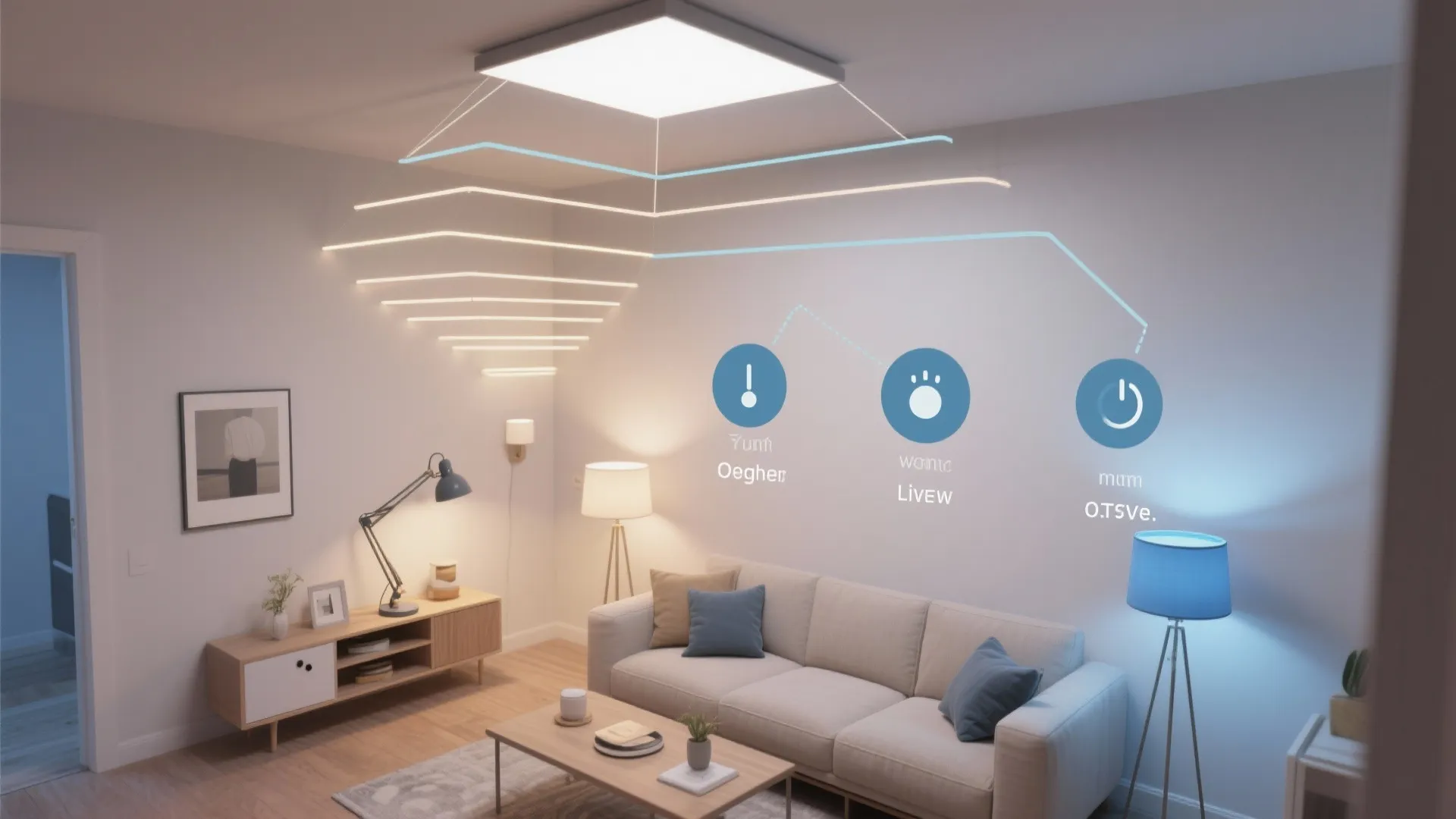 Modern living room showing different light fixture layers with graphic icons for smart home control