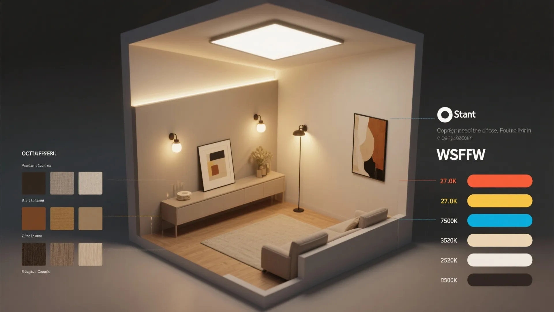 Modern living room layout showing various light fixture options with a sofa and cabinet furniture