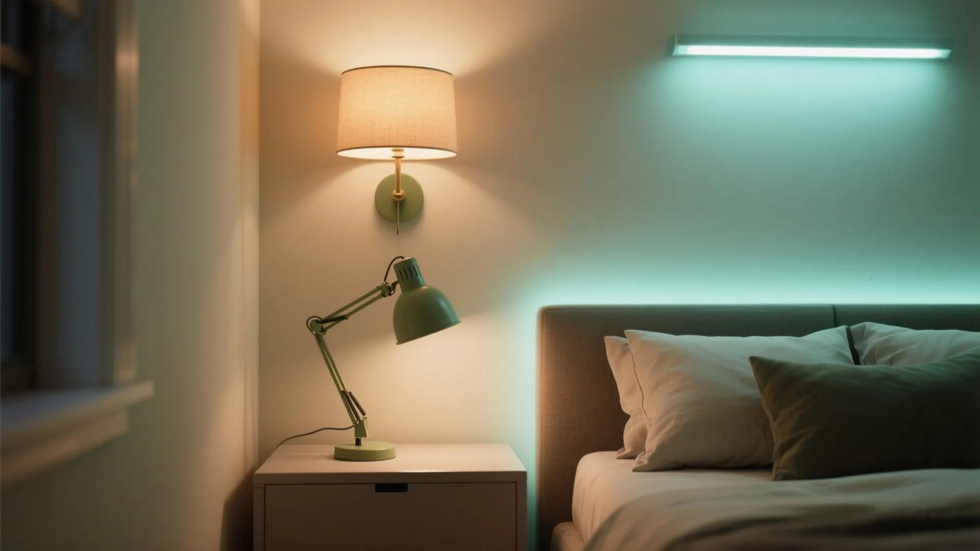 Bedroom wall light and desk lamp illuminating a nightstand next to a comfortable grey bed