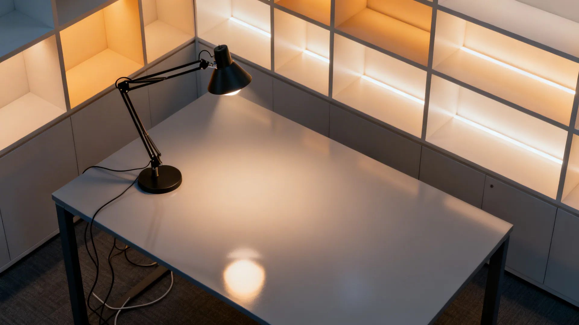 Top-down visualization of layered lighting in a 10x10 office with ambient, task, and shelf backlighting.