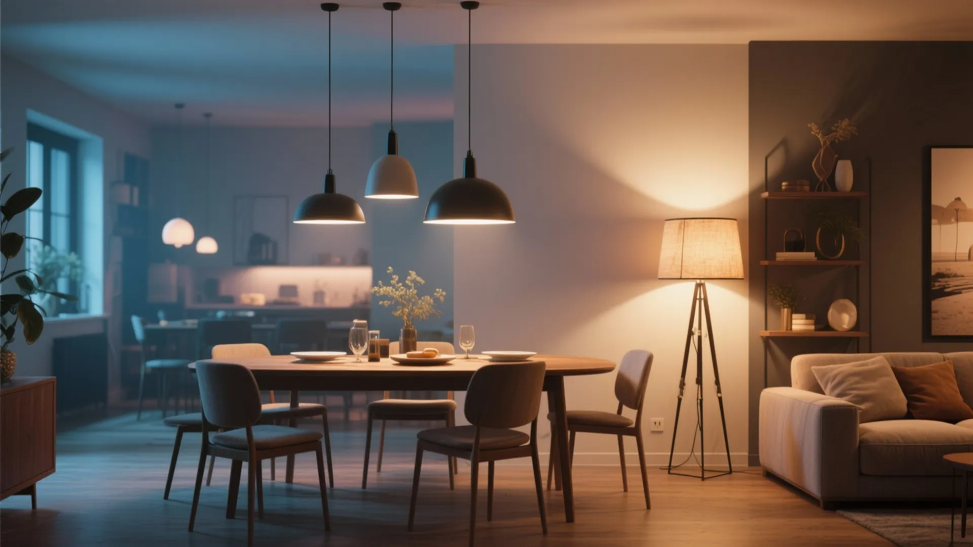Open-plan room with pendant dining lights and living area floor lamp
