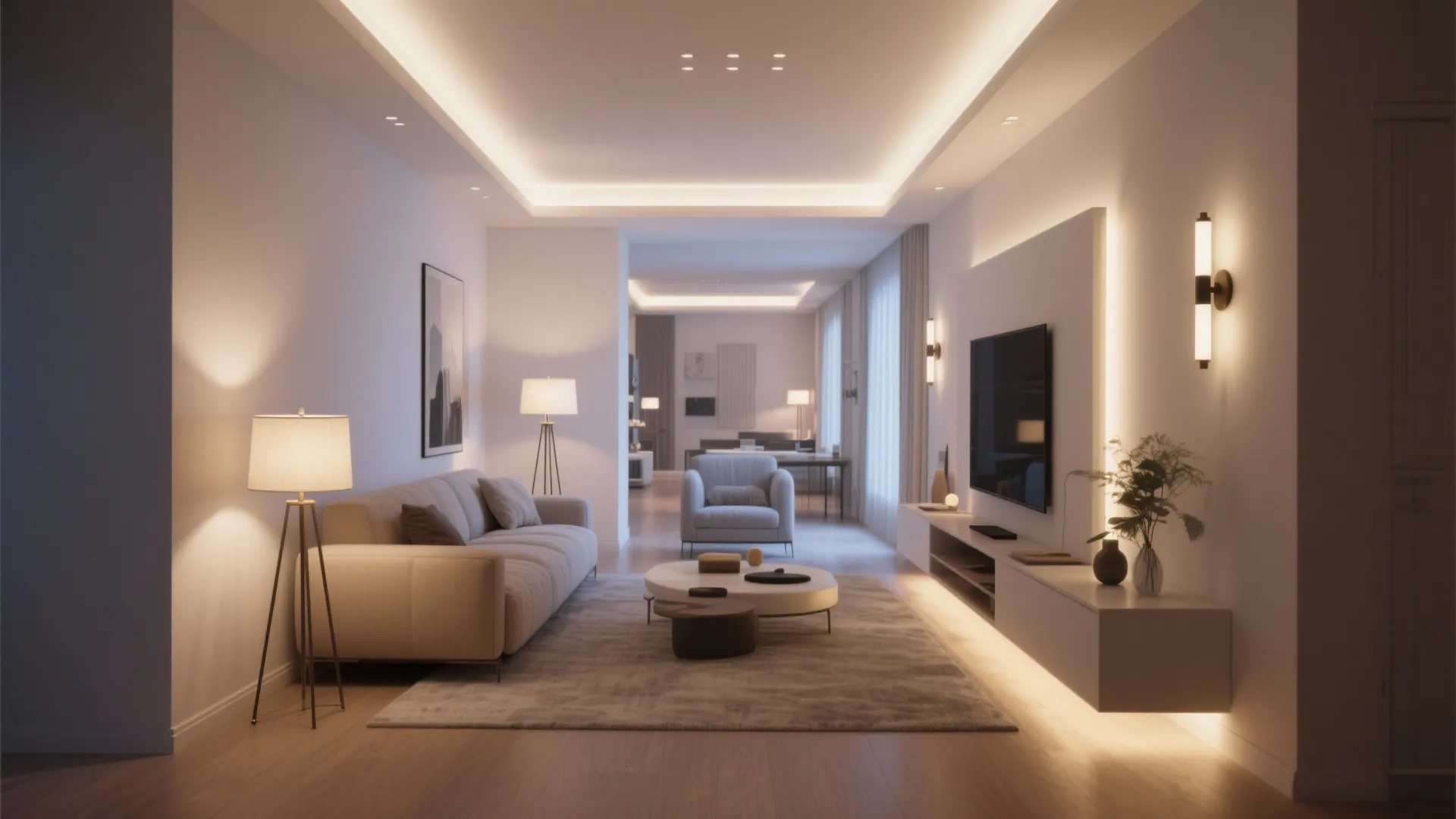 Living room interior with warm floor lamps wall lights and glowing ceiling light fixtures night