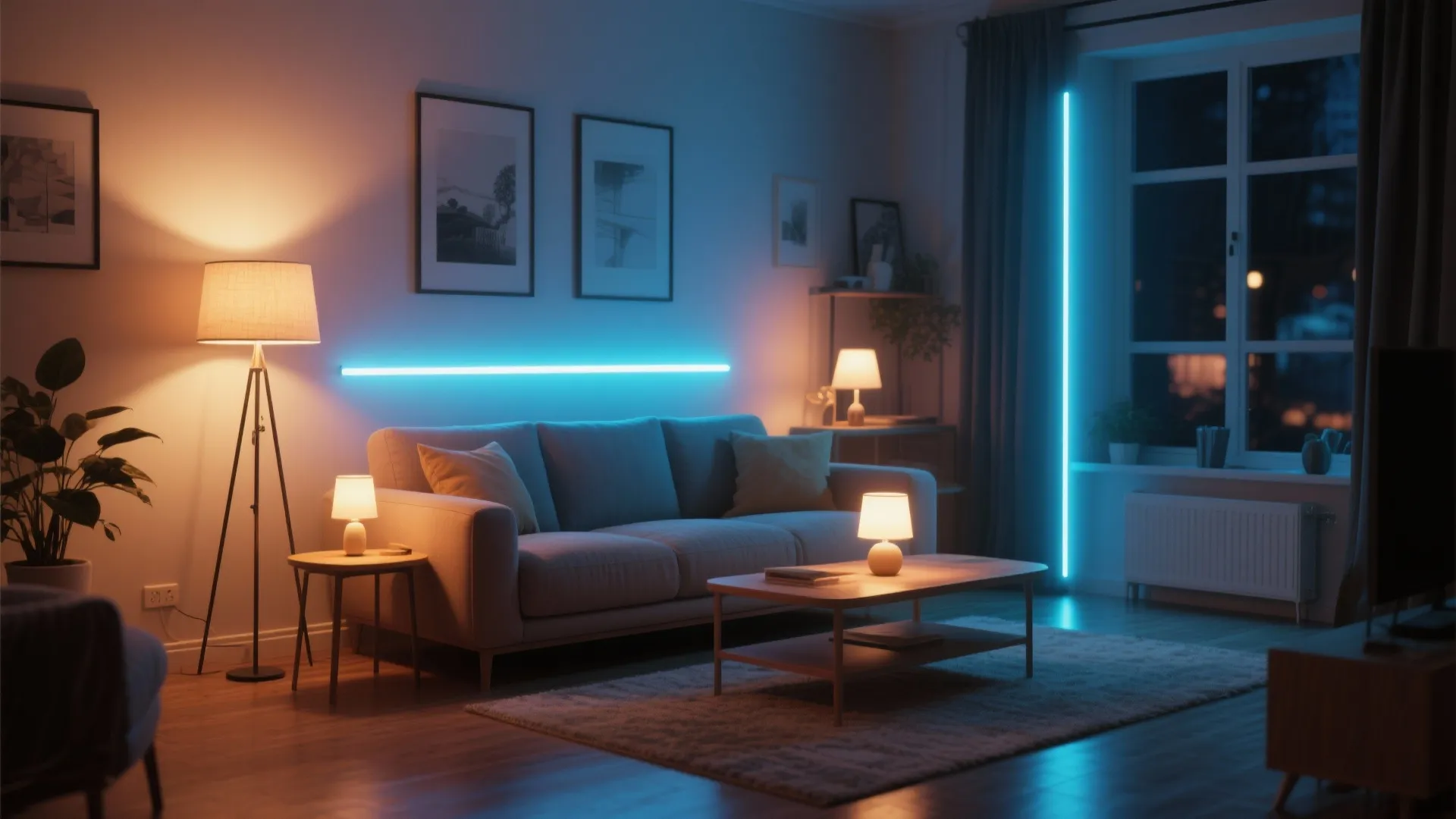 Living room with various light sources creating a warm atmosphere