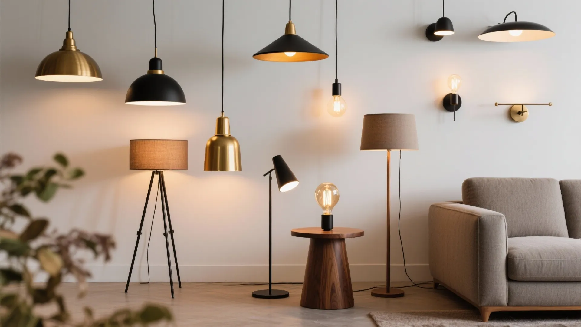 Modern living room display showing gold and black ceiling lights, wall lights, and floor lamps