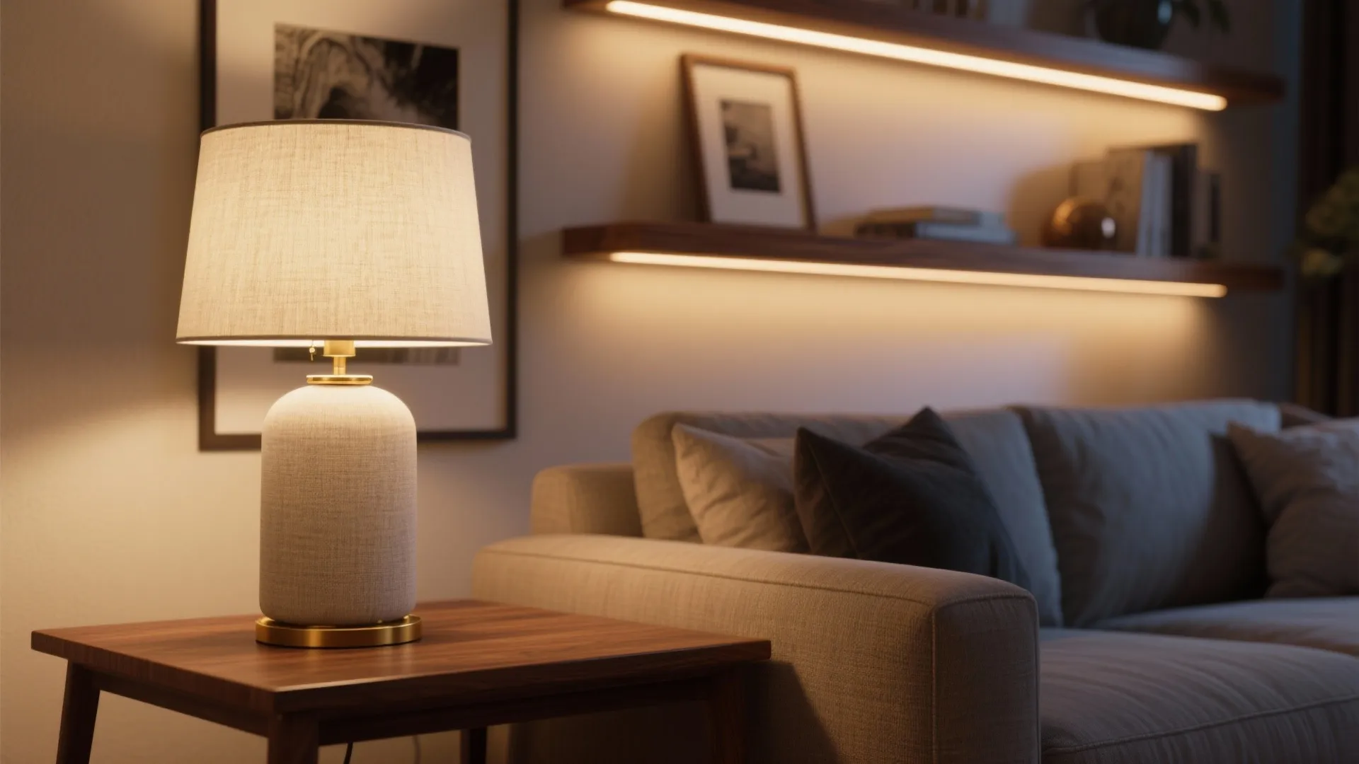 Table lamp on a side table next to a sofa with illuminated wall shelves behind it