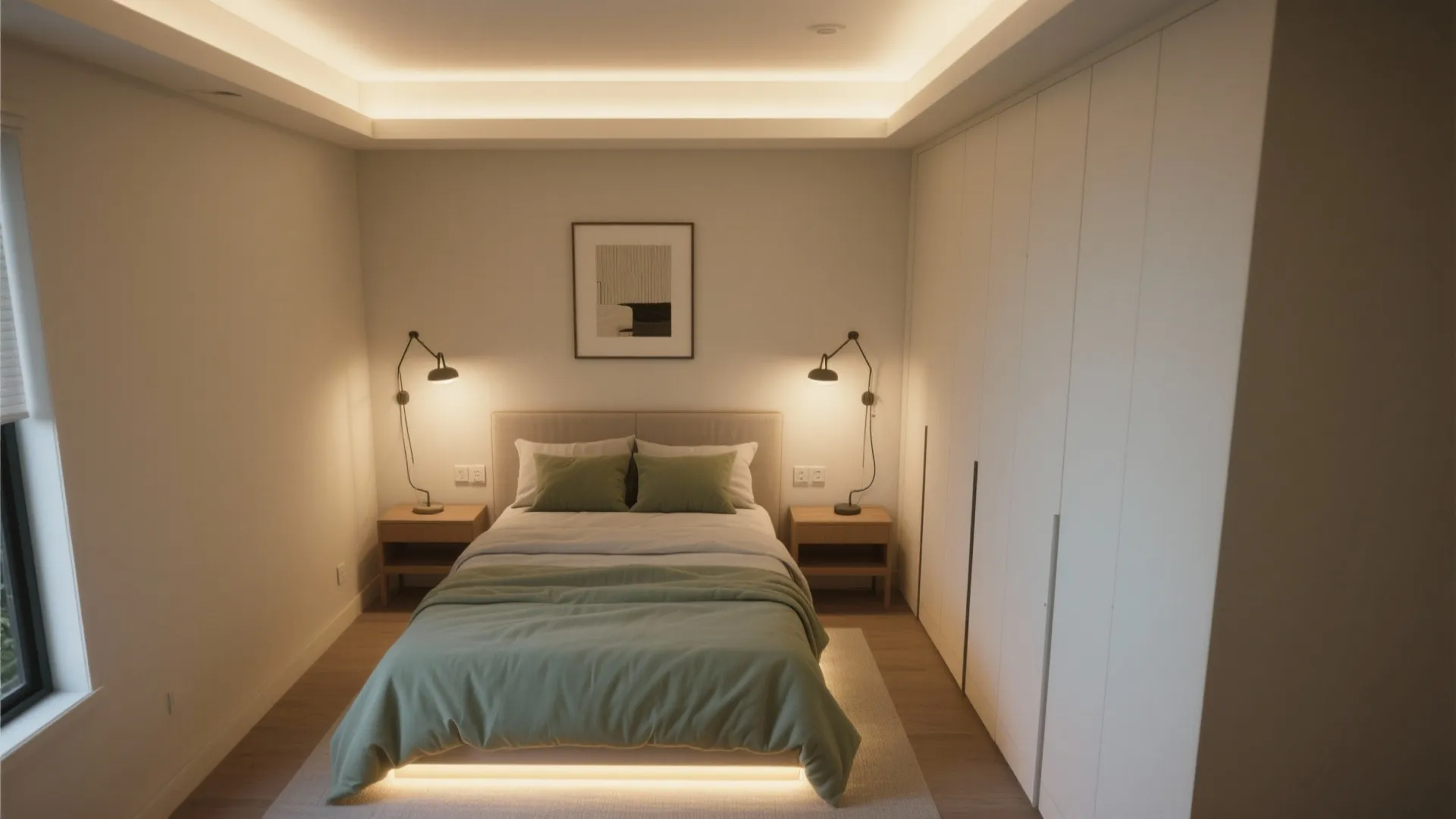 Modern bedroom with green bedding featuring warm ceiling light and wall lights and white cabinet