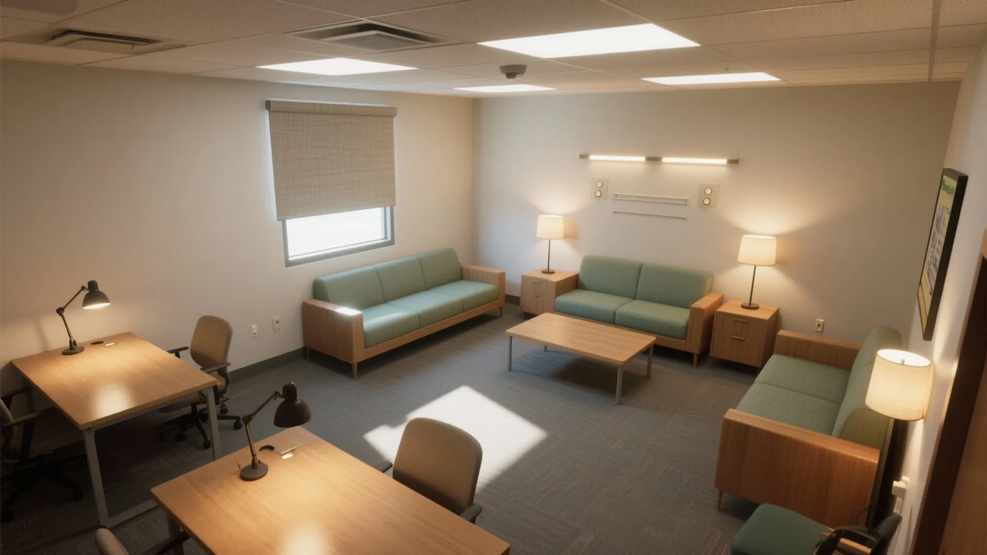 Professional office room layout featuring three green sofas wooden desks and warm yellow floor lamps