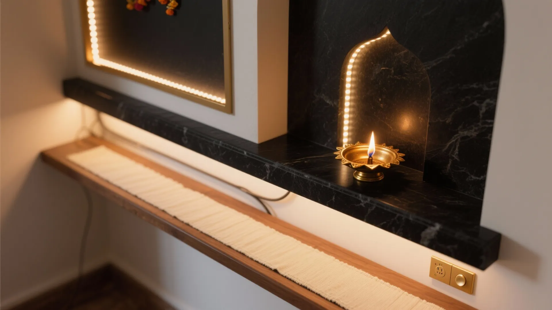 Gold lamp on black marble shelf with warm lights near white wall gold power outlet