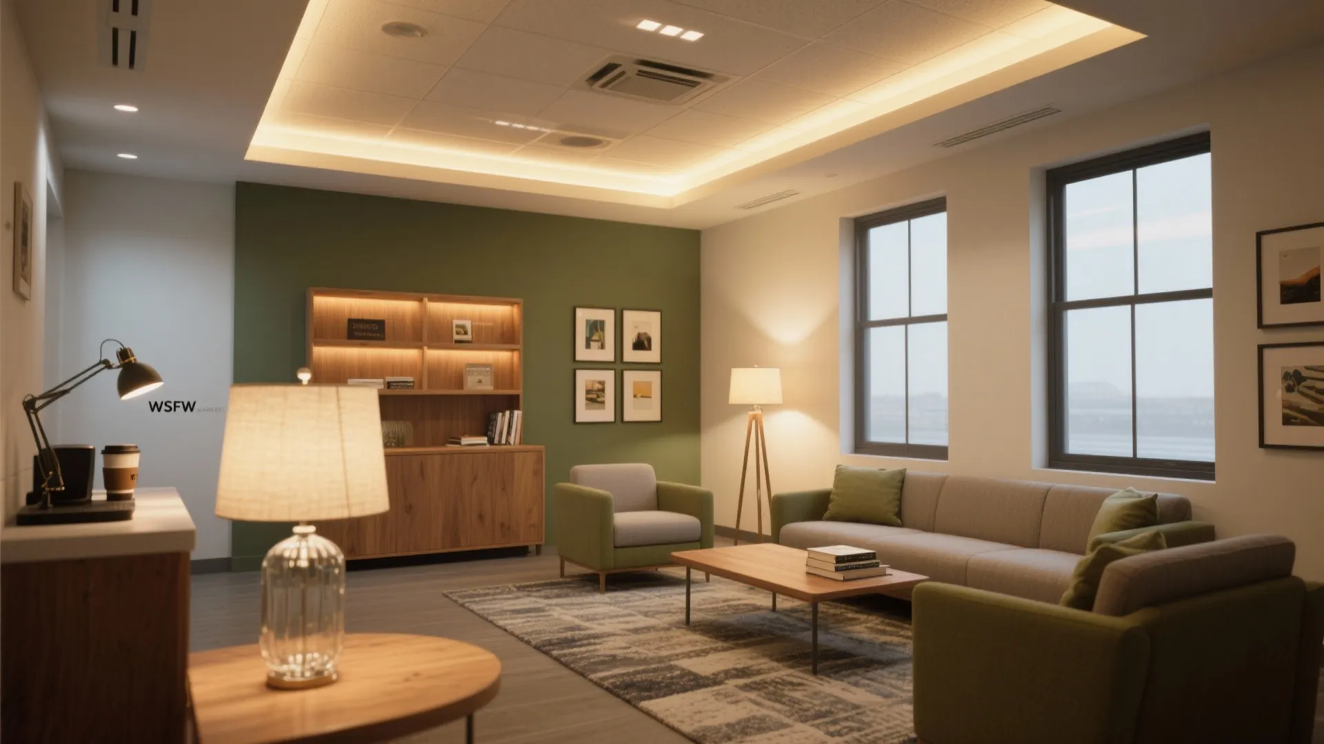 Staff lounge with layered lighting: warm ambient ceiling lights, task lighting by the coffee area, and a dimmable floor lamp in a reading nook.