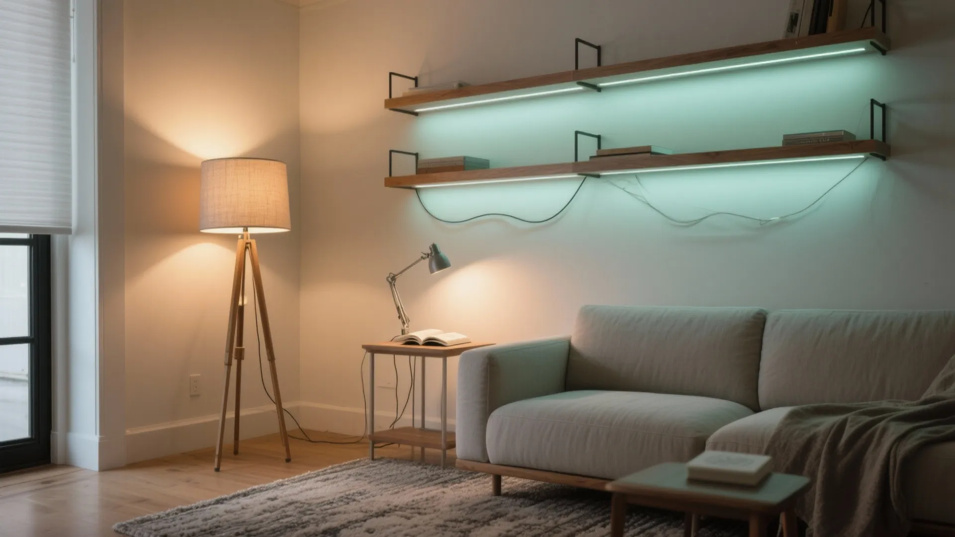 Modern living room featuring floor lamp desk lamp and wooden wall shelves with blue lighting