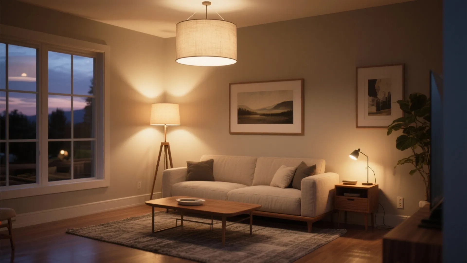 Cozy living room with a large ceiling light floor lamp table lamp sofa and rug