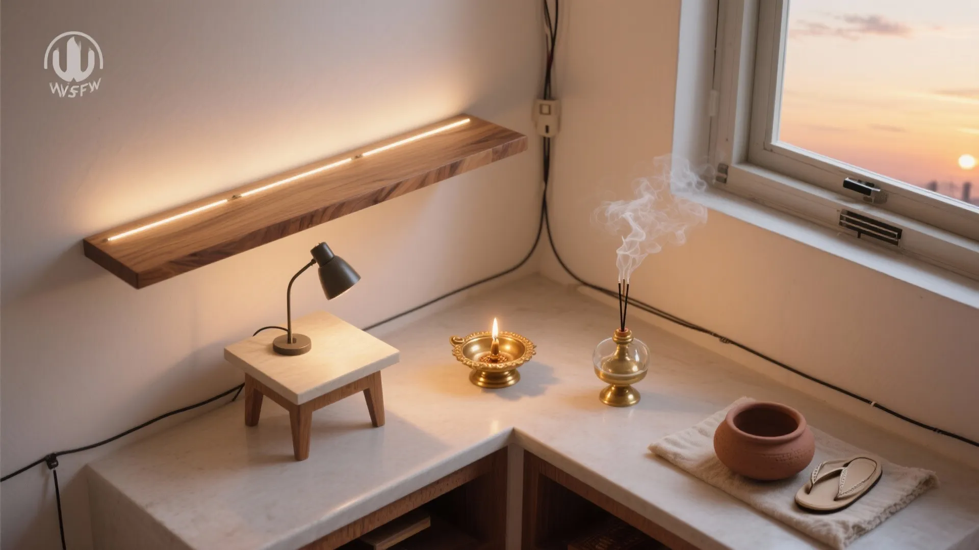 Wooden wall shelf with light strip above small desk lamp gold candle holder and incense