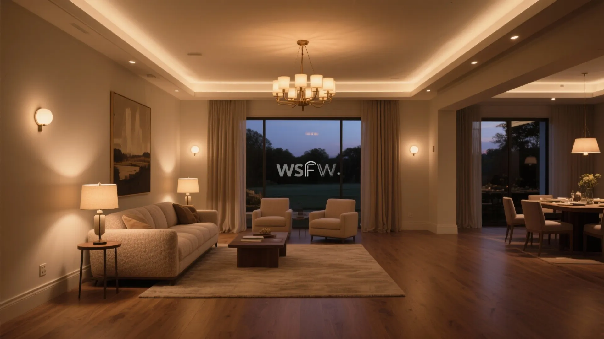 Warm living room at night with ceiling light, wall lights, table lamps, and large glass windows