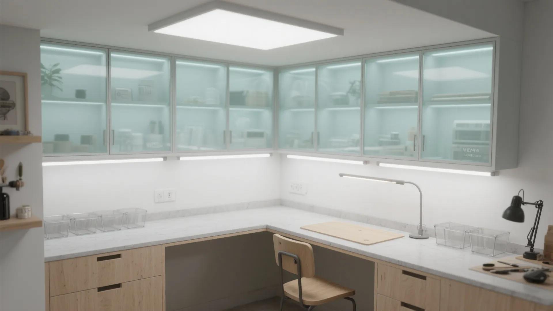 Lighting layers and translucent storage to “expand” the room