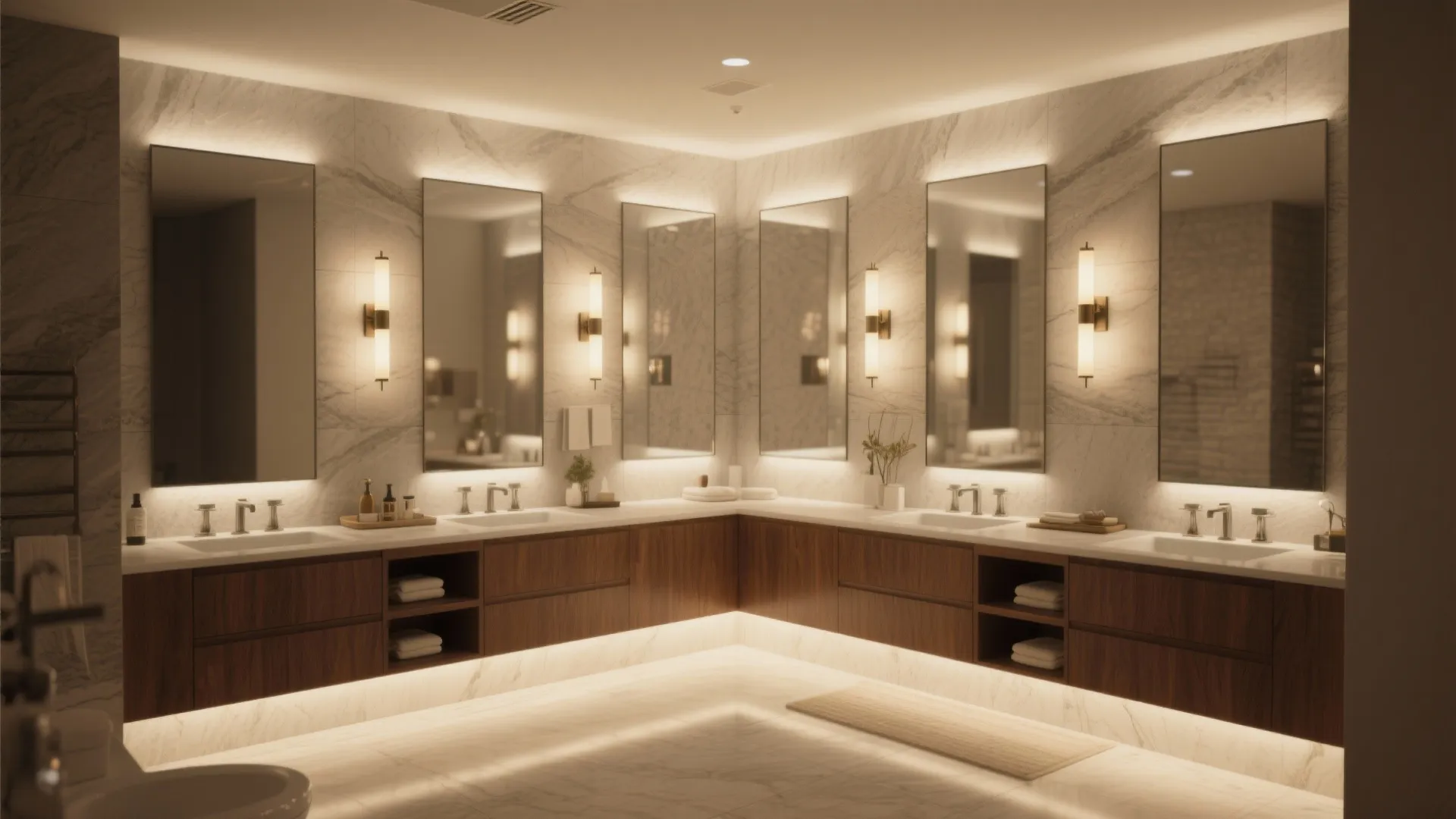 Large bathroom with corner sinks wall light fixtures mirrors and warm light under the wood cabinets