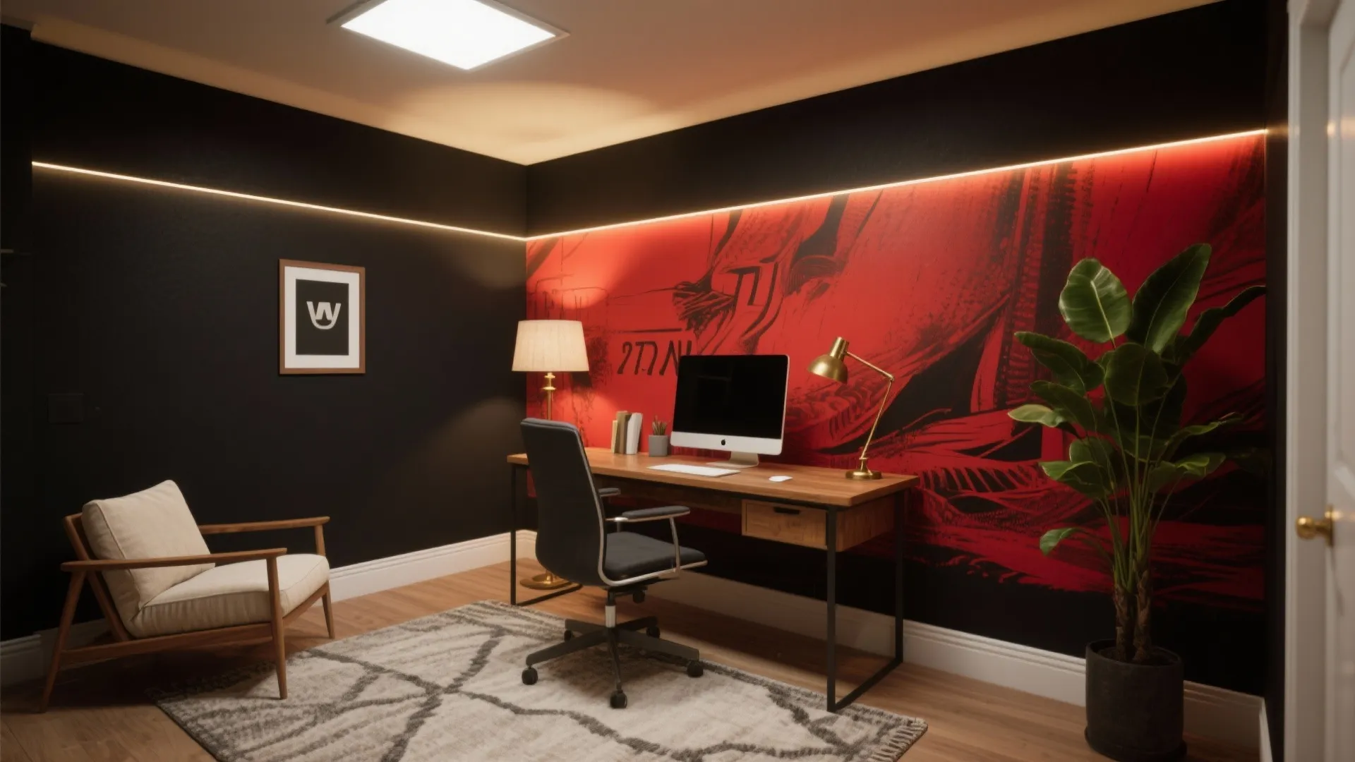 Modern home office with black walls red wall art wooden desk chair and green potted plant