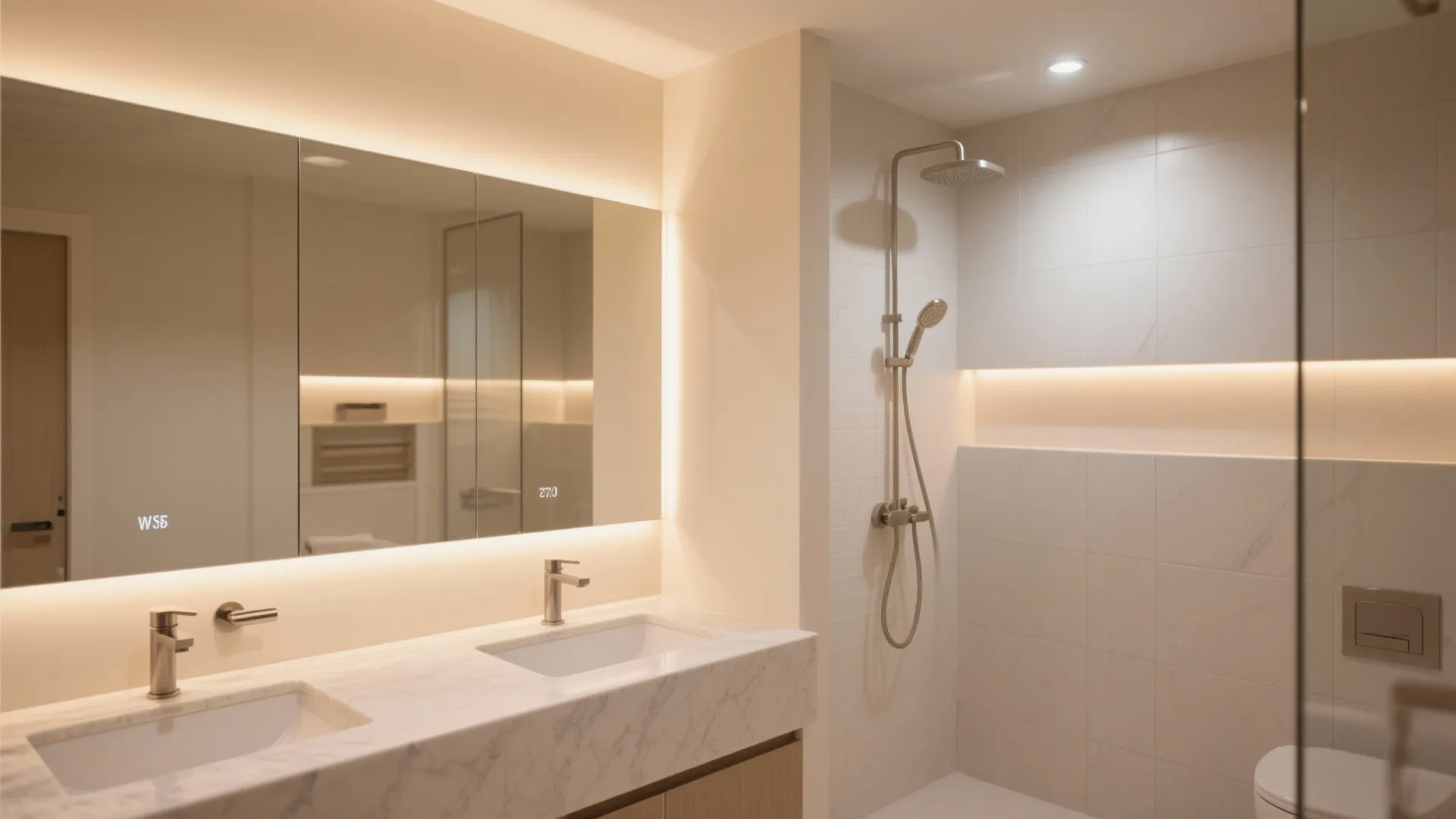 Modern bathroom with marble vanity double sinks large lit mirror shower area and warm lighting