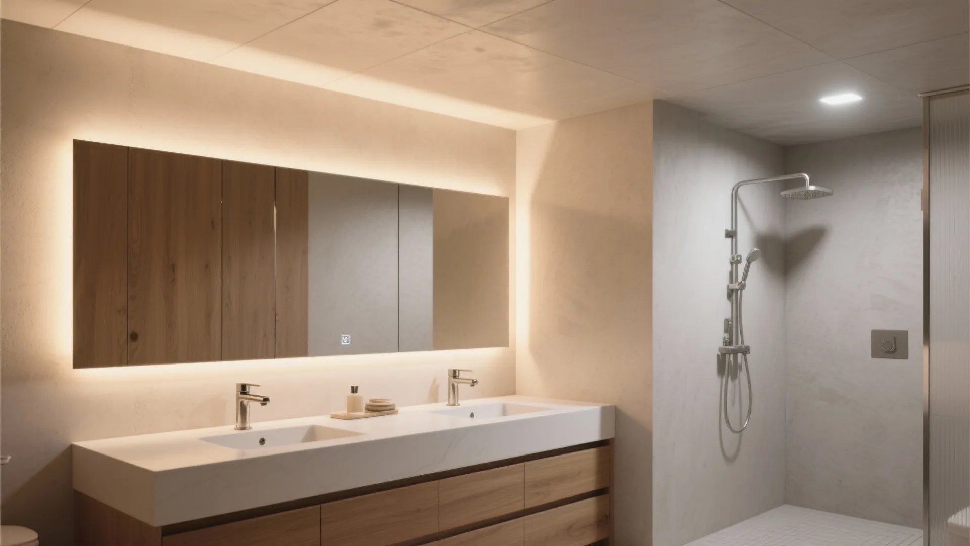 Modern bathroom with double sink white counter wooden cabinet mirror light and shower area design
