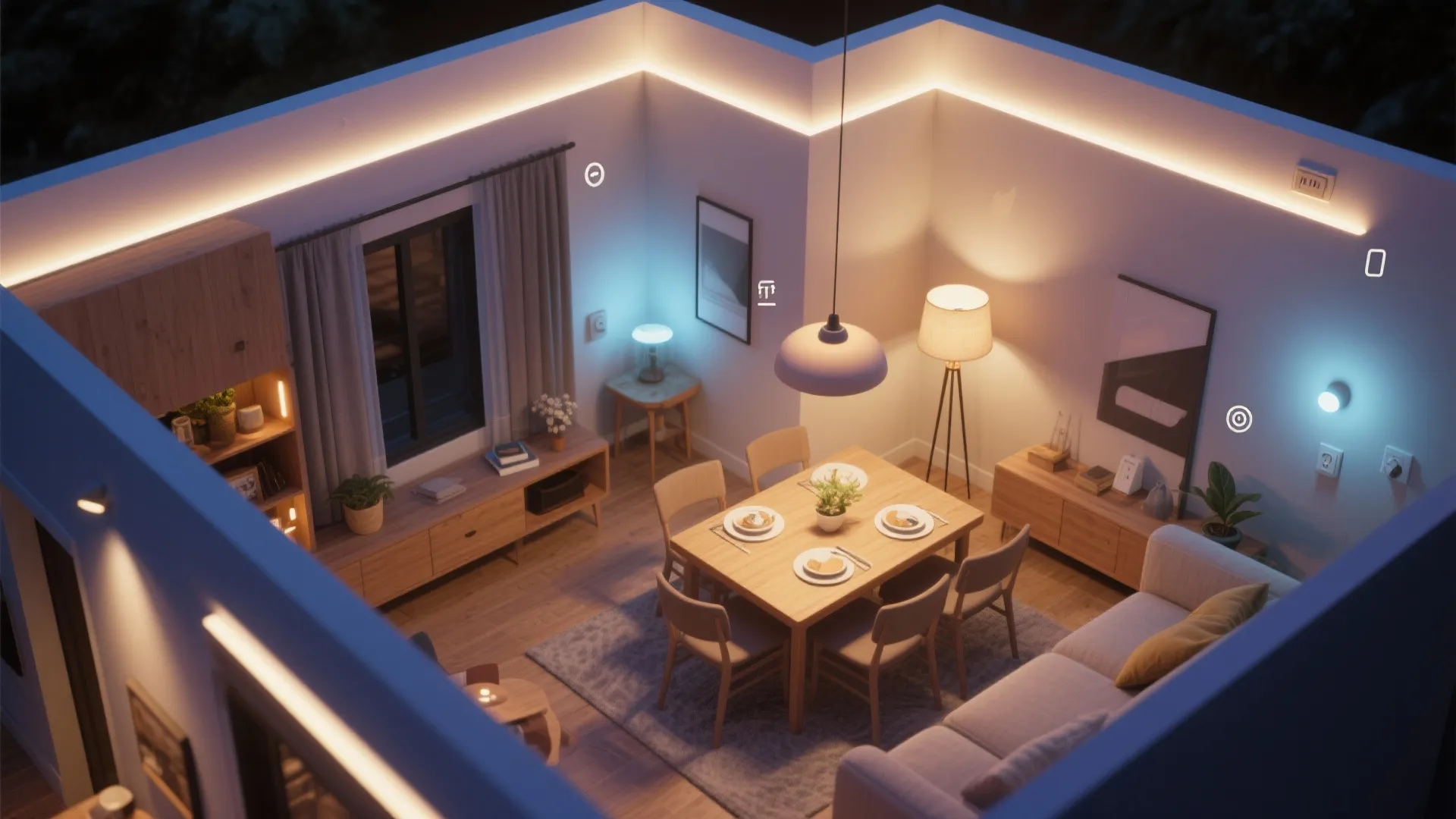 Interior design drawing showing different light fixture types including ceiling light floor lamp and strip lights