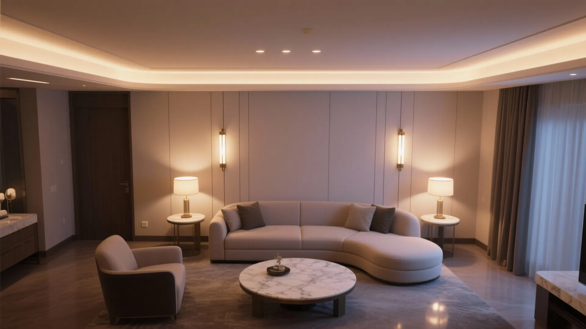 Top-down living room showing warm ambient glow, sconces, and table lamp pools layered together.