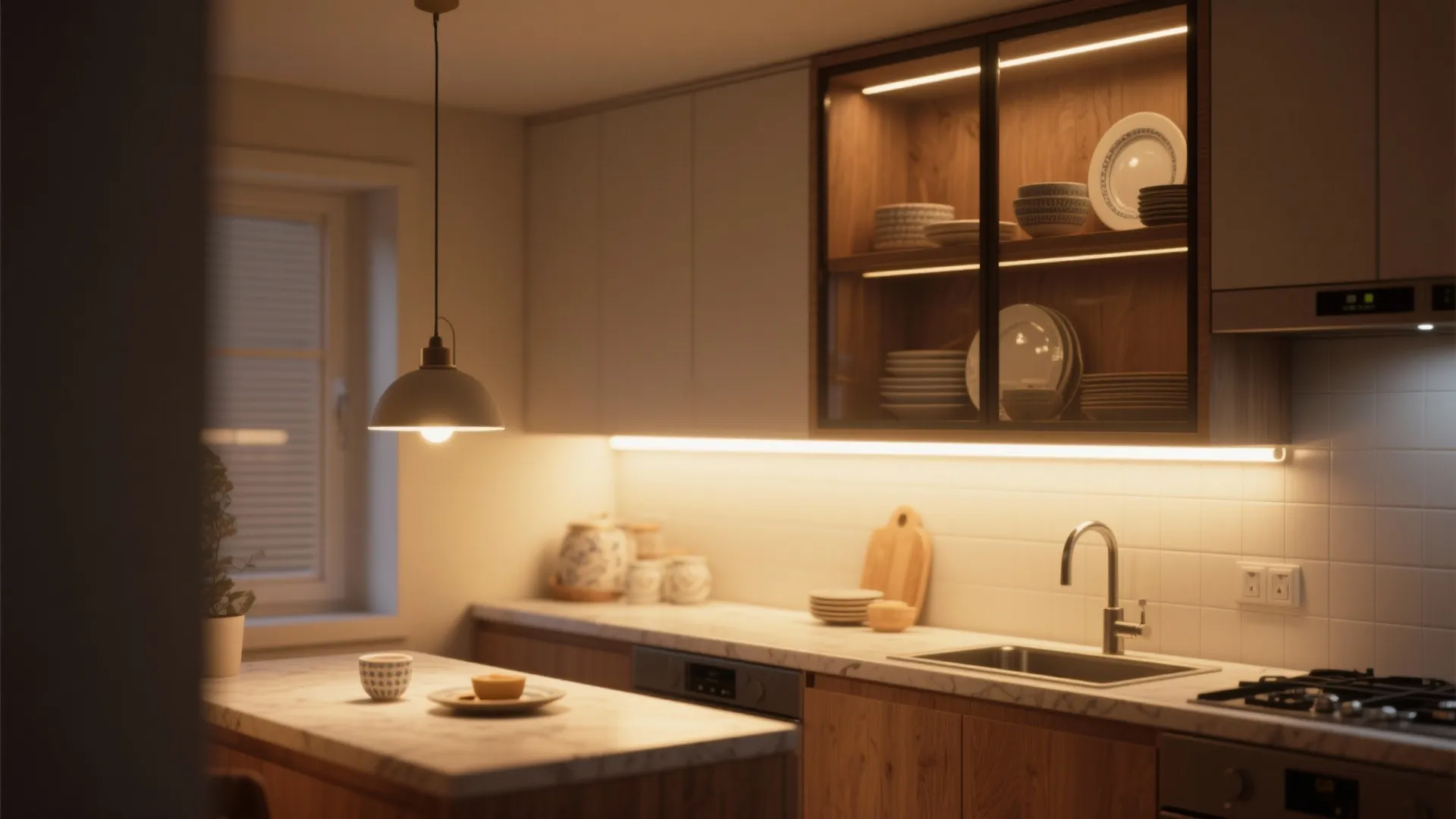 Warm kitchen lighting with a ceiling light led strips under cabinets and glass display shelves