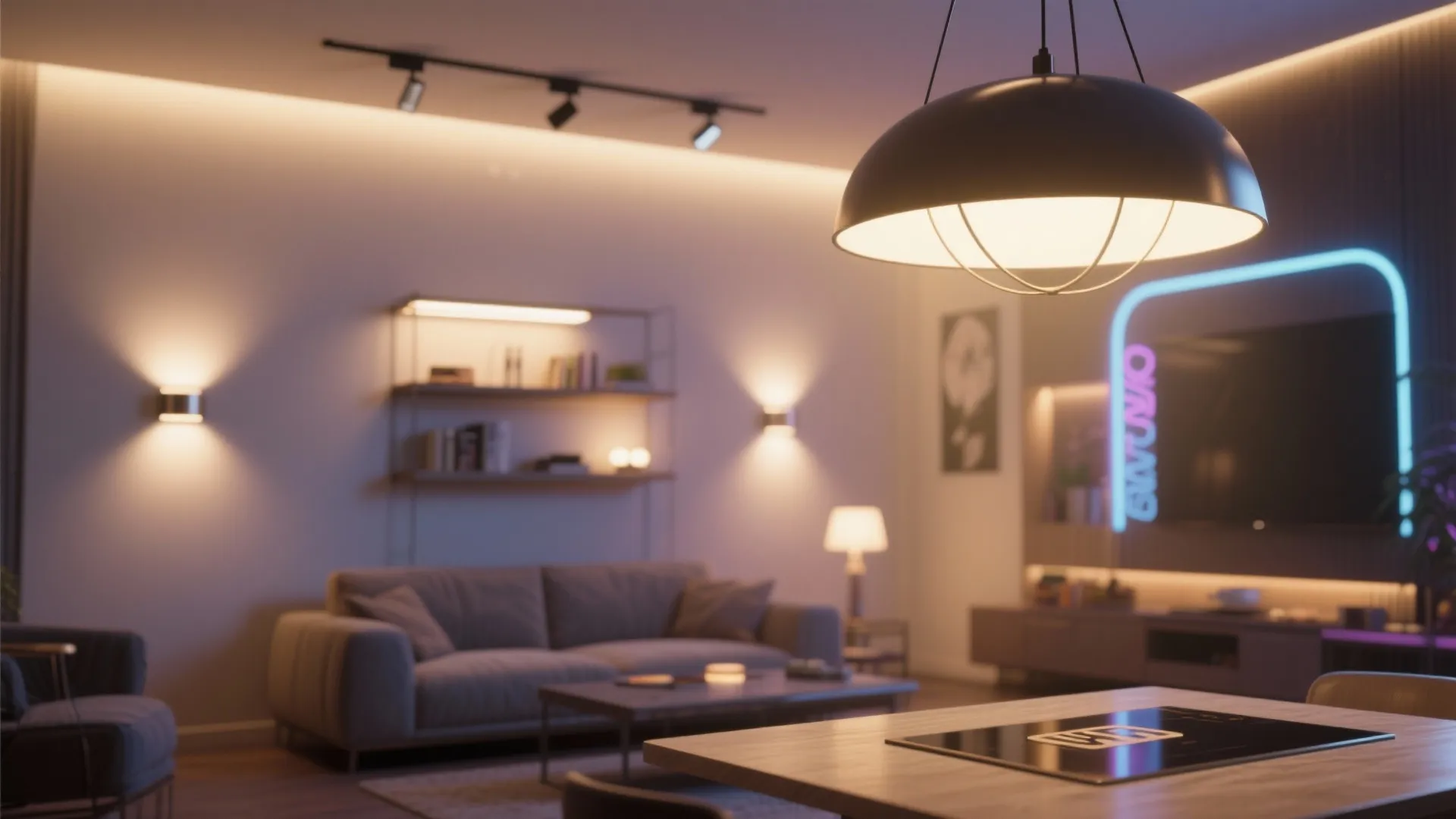 Layered lighting with pendant, track, wall sconces and a dimmable central fixture creating focus and ambiance