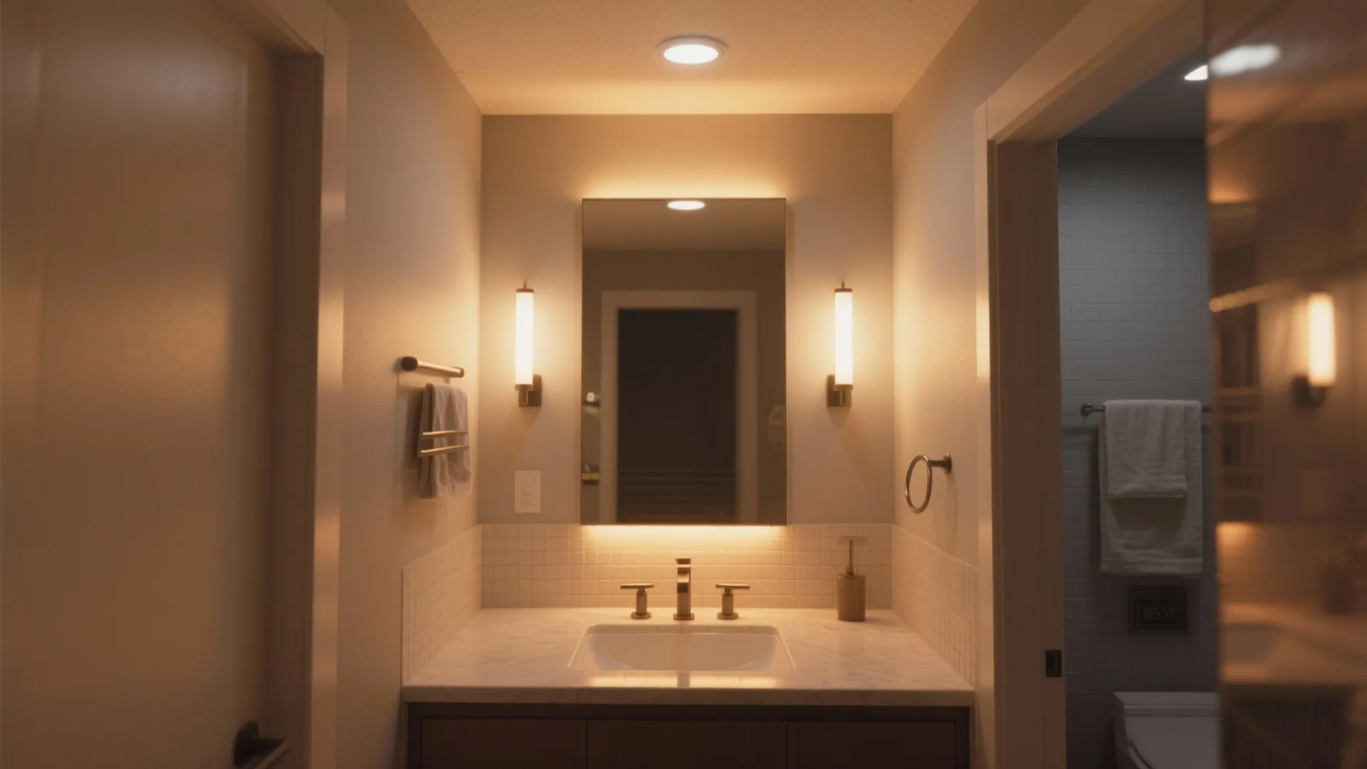 Master bath showing layered lighting: mirror task lights, warm ceiling ambient light, and low-level night lighting.