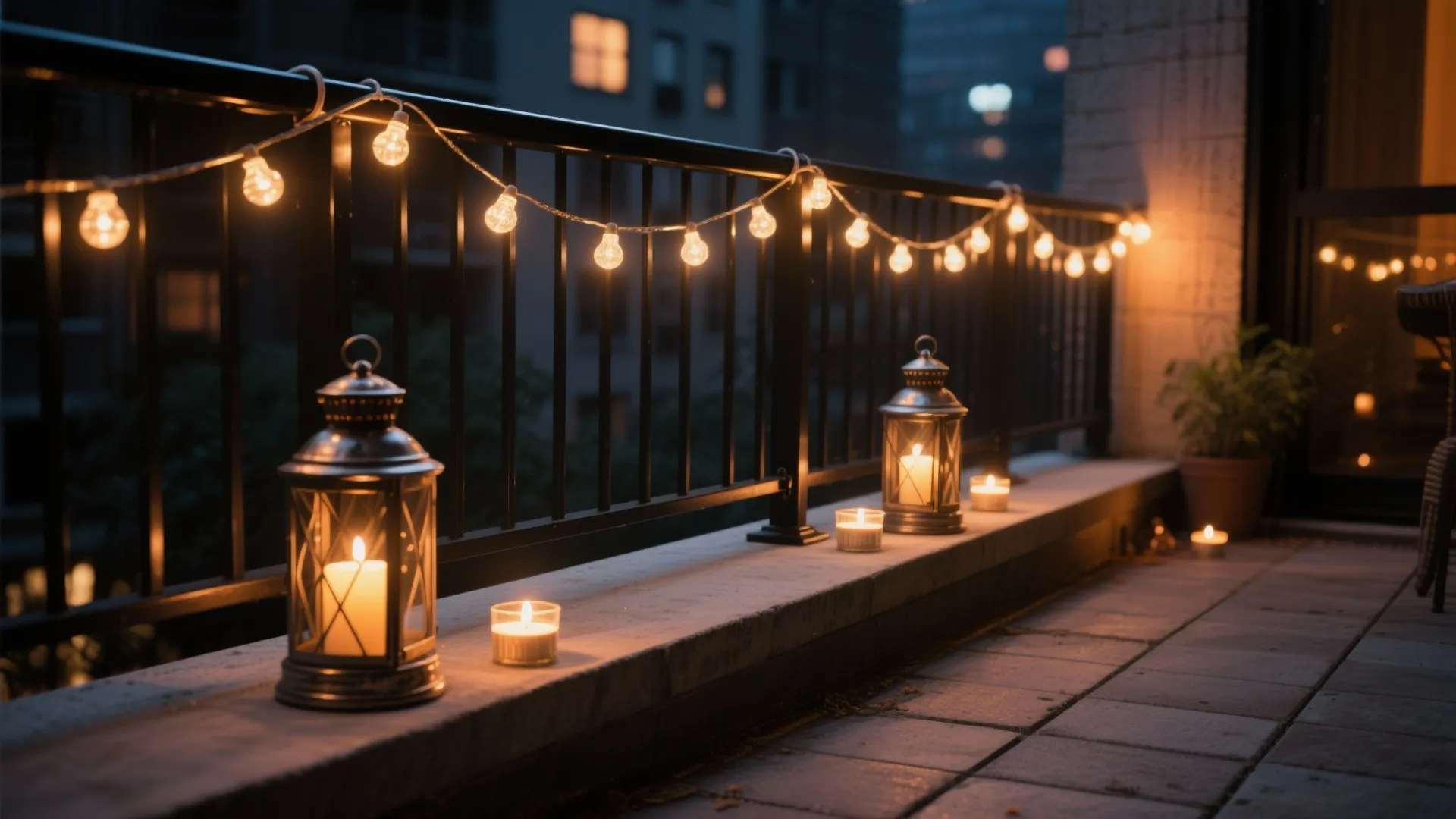 Layered Halloween balcony lighting with UL-rated string lights, lanterns, and LED candles on a compact apartment rail.