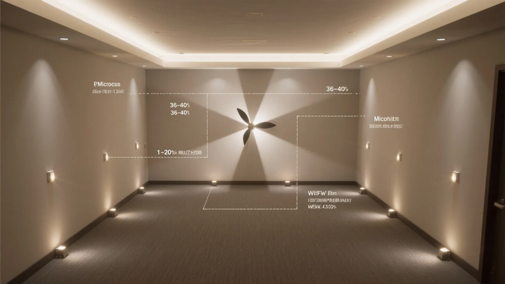 Modern room showing different light fixture layers with warm wall lights and a ceiling light