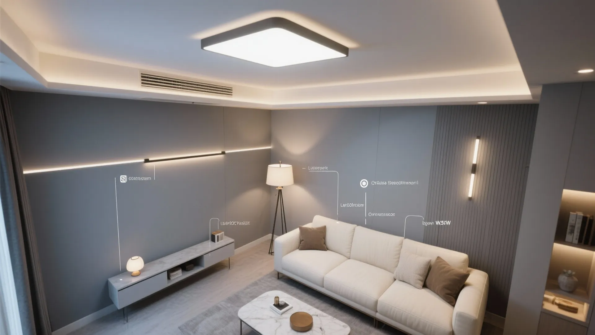 Modern living room showing different lighting layers including ceiling light floor lamp and wall light