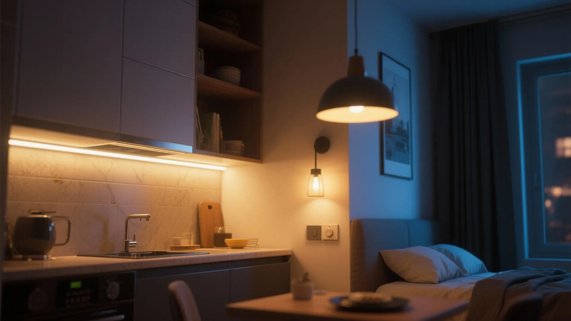 Layered lighting in a small apartment showing pendant, under-cabinet, and wall sconce lighting
