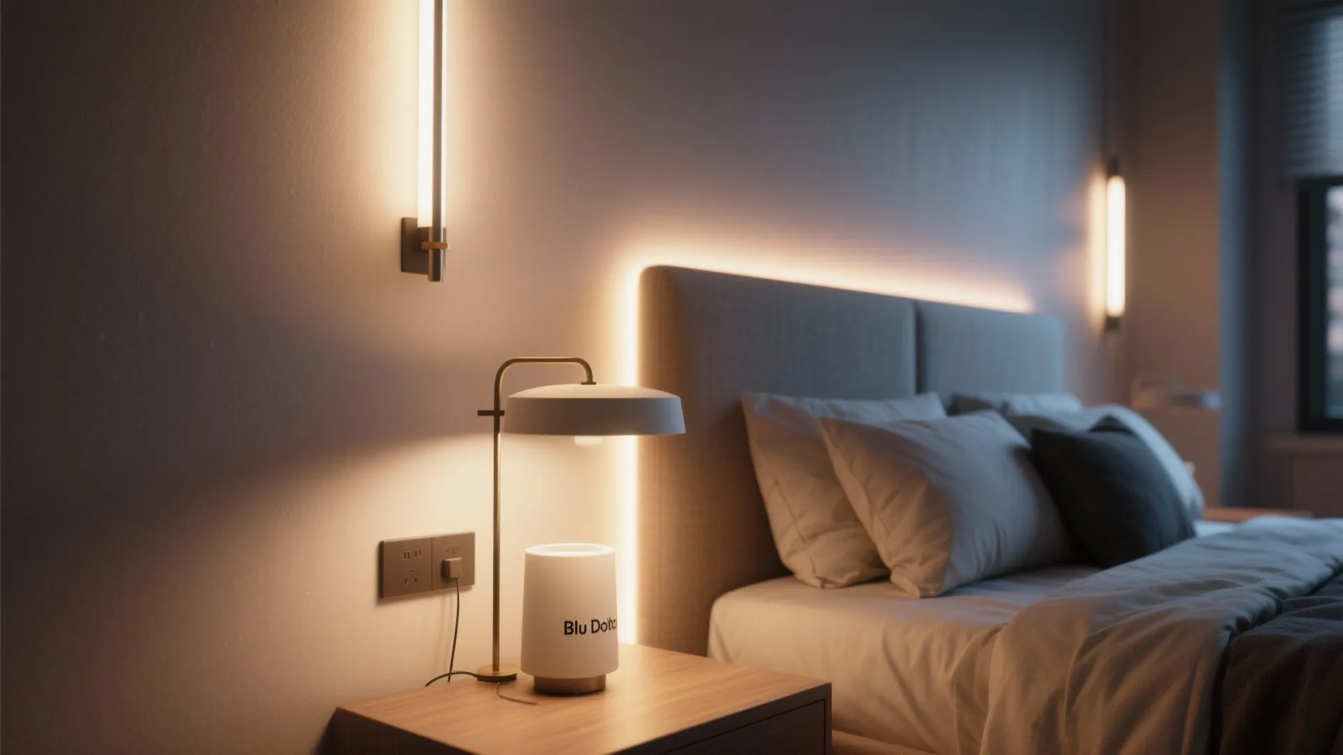 Layered lighting with a Blu Dot bedside lamp, wall sconces and LED strip creating a curated glow.