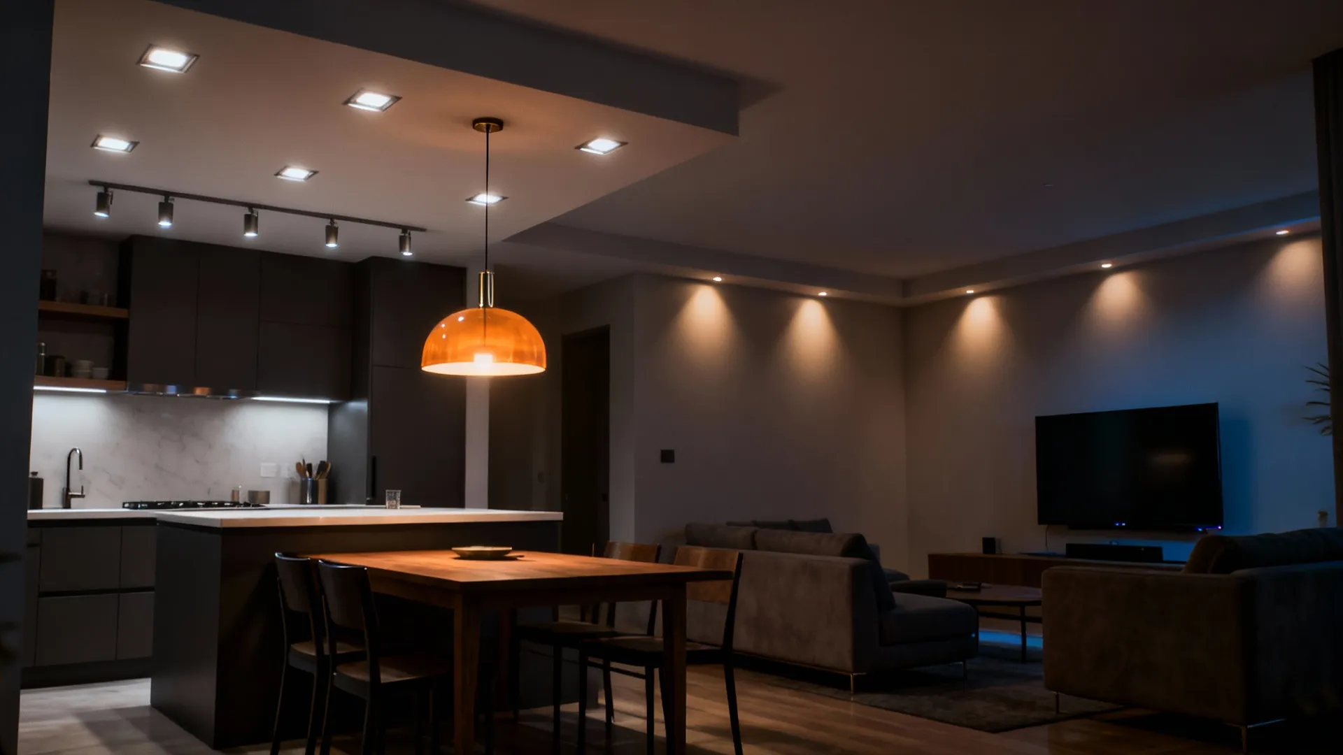 Layered lighting with task, pendant, and ambient lights maintaining sightlines