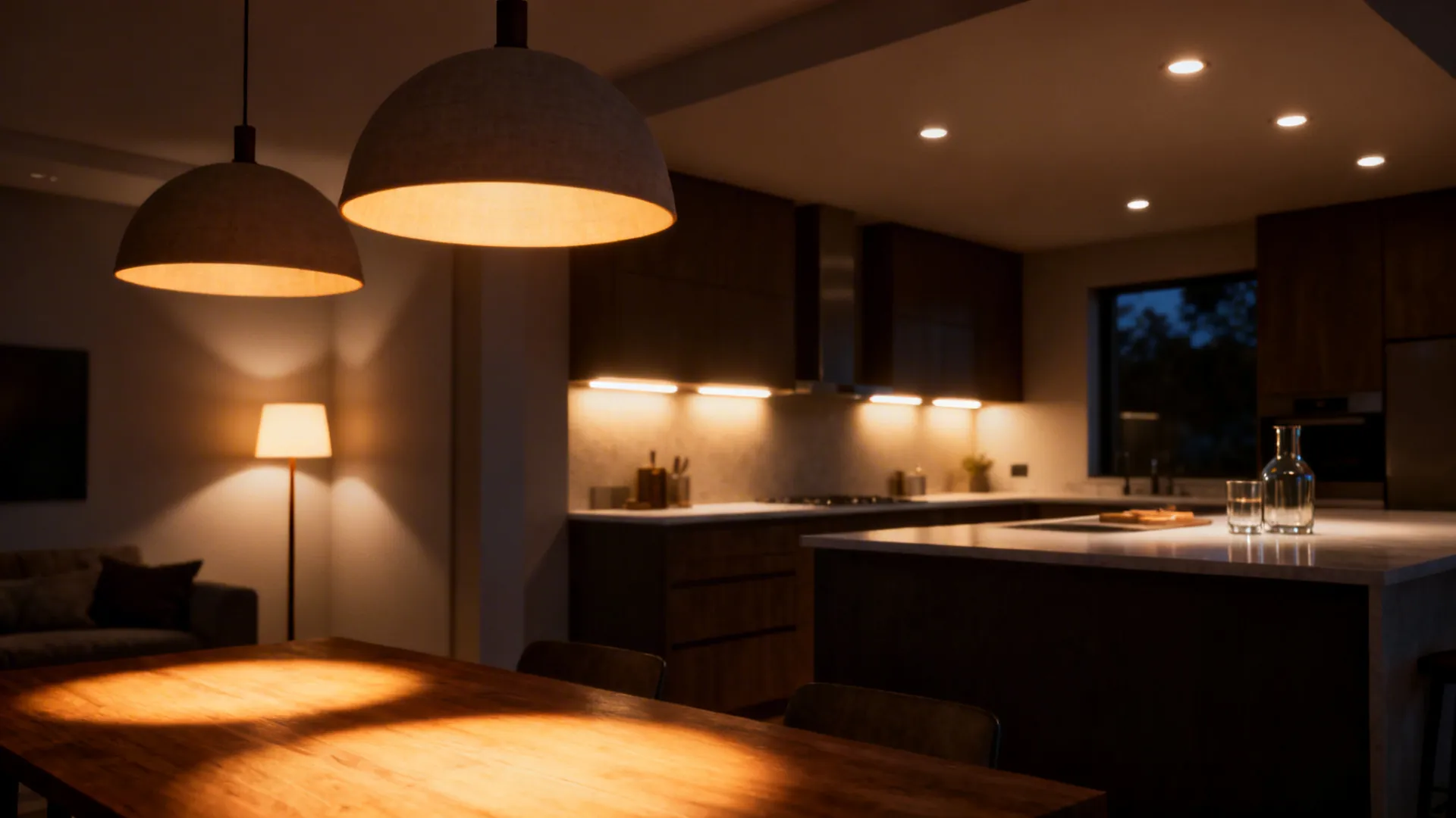 Layered lighting with pendants, under-cabinet task lights, and warm living-area lamps creating mood.