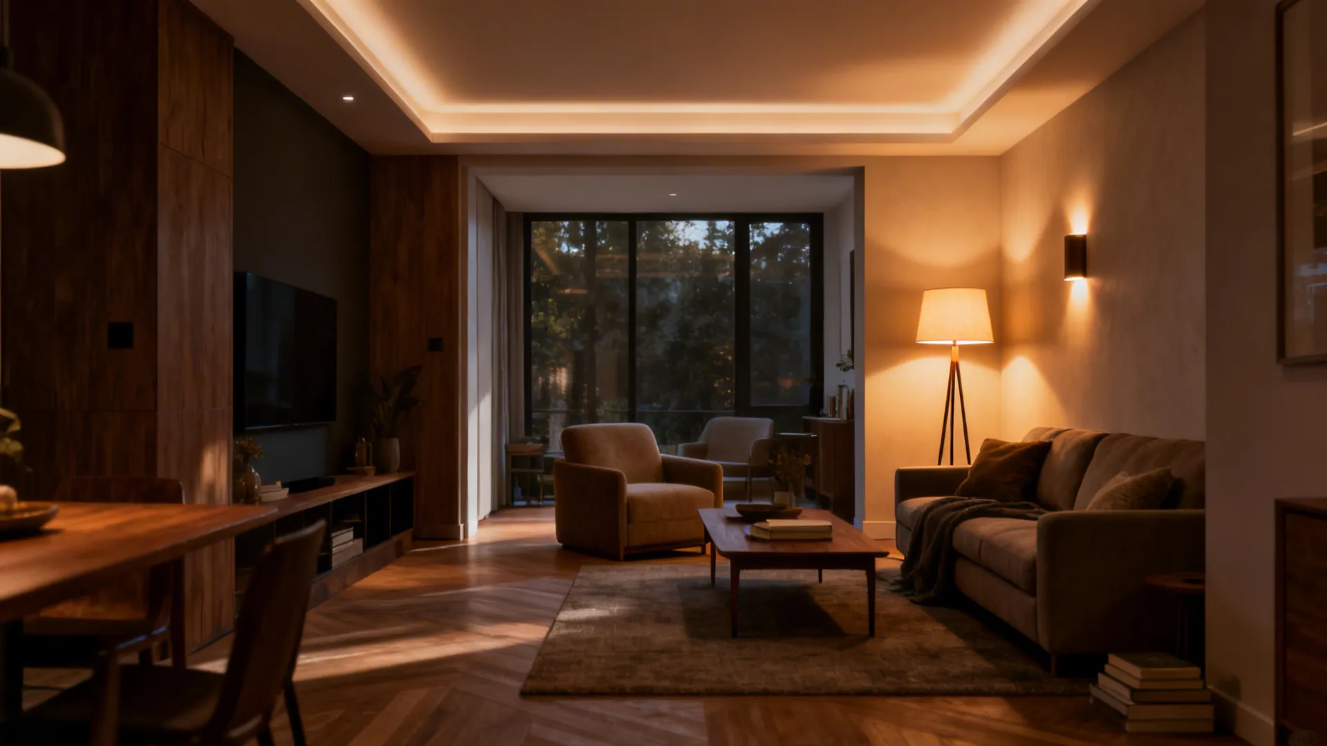 Layered living room lighting showing ambient, task, and accent lights in a small space.